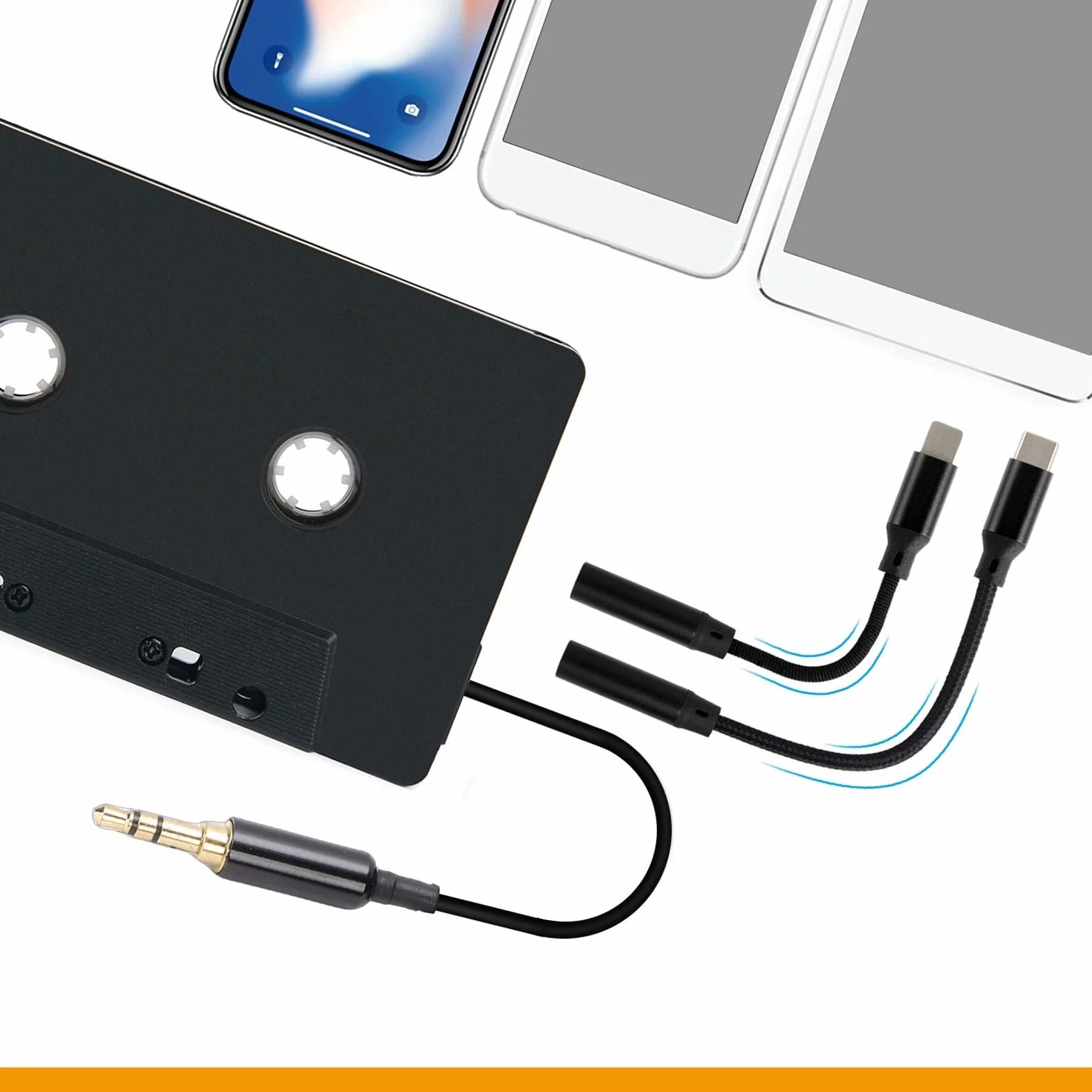CCYLEZ Adapter do Kasety Samochodowej, Adapter Typu C do Taśmy Aux Samochodowego Zestawu Stereo, Kasety 3,5 Mm USB C Kabel w Nylonowym Oplocie, Pozłacane Złącze