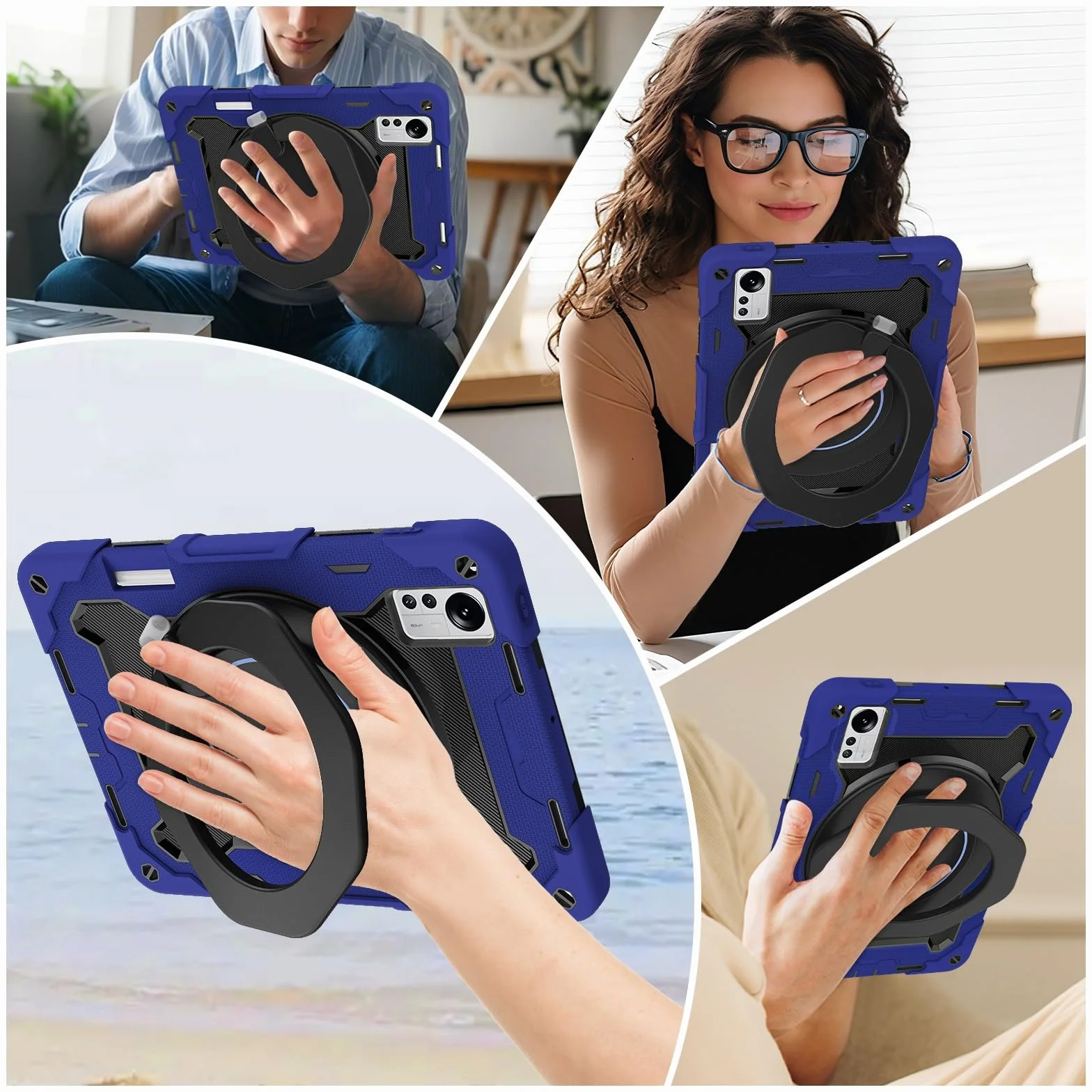 Wytrzymałe etui ochronne do Xiaomi Mi Pad 5 Pro 12,4 cala, obrotowy uchwyt o 360°, pasek na ramię, ołówek i pierścień z uchwytem, etui odporne na wstrząsy dla dzieci i dorosłych (Ciemnoniebieski
