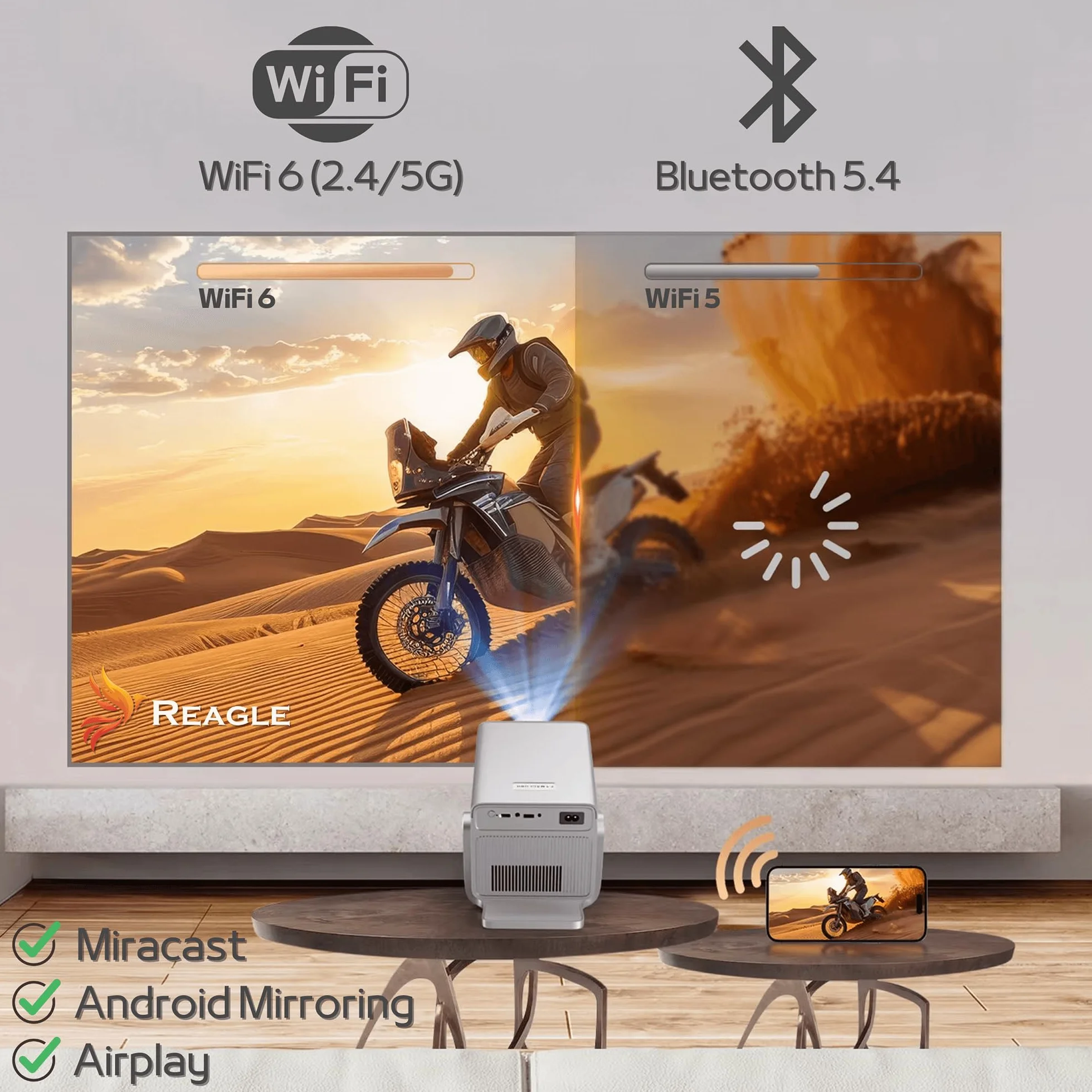 Reagle Projektor LED 1000 ANSI Full HD 1080p R-MOVIELUM-P50 z Autofokusem Upscaling Do 4K 8K, ANDROID 14 Smart TV WiFi BT 5.4, 130 Cali, Przenośny Rzutnik Do Kina Domowego Gamingu Laptop Telefon