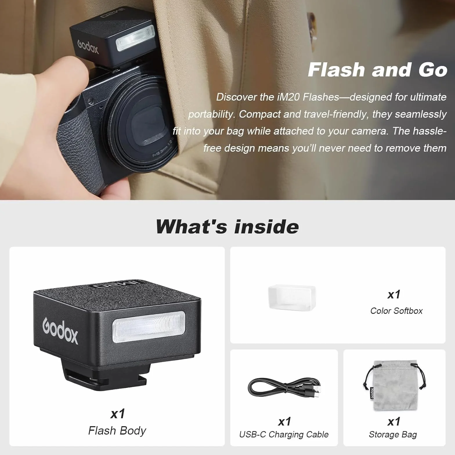 Godox iM20 Mini flash Speedlite - 470 mAh/Type-C Charge/440 Full Power Flash/3s Recycle Times/5 poziomów zasilania