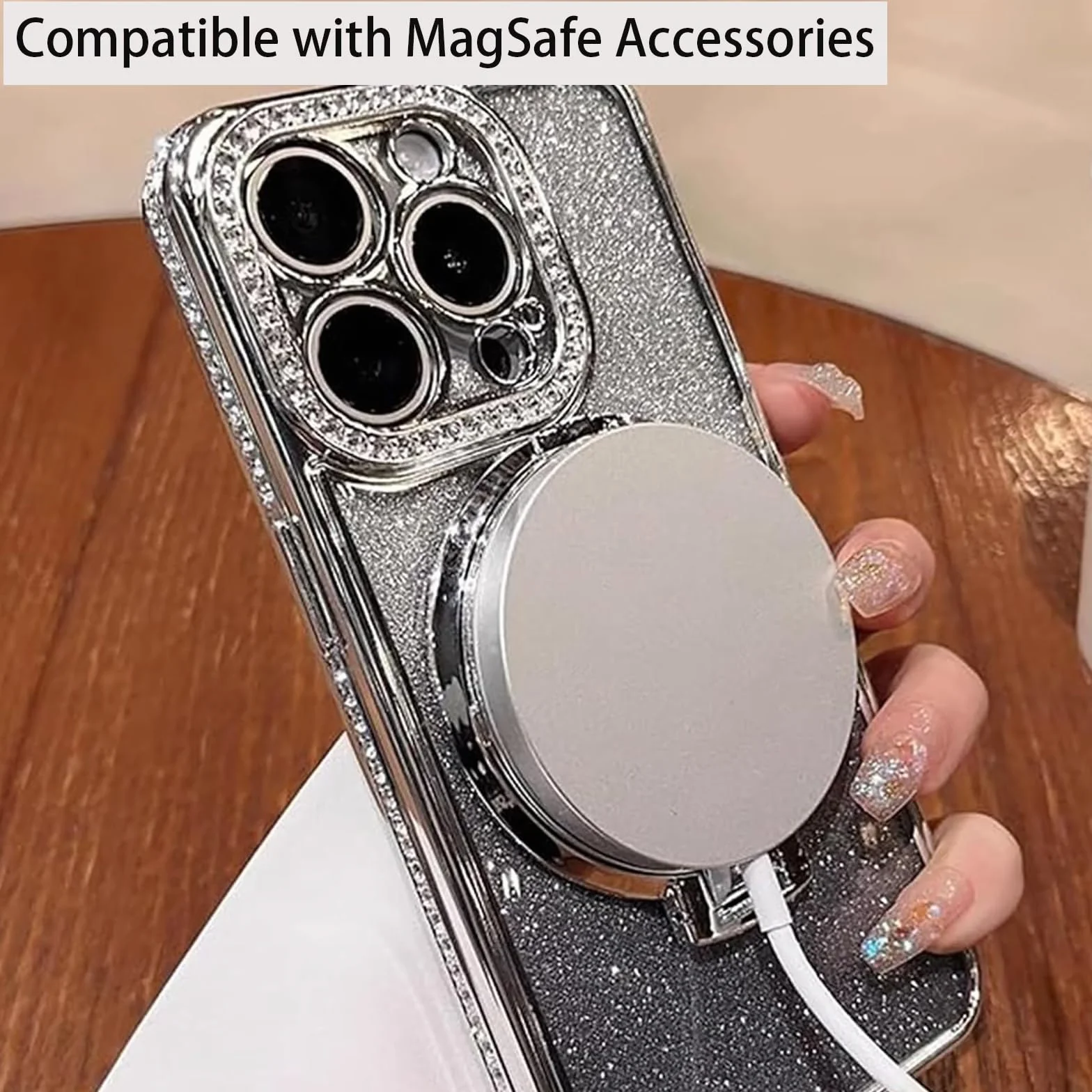 Magnetyczne etui z podpórką do iPhone'a 16 Pro Max, z brokatową osłoną soczewek, kompatybilne z Magsafe, luksusowe błyszczące diamentowe etui, brokatowe etui na telefon z kryształami górskimi (dla