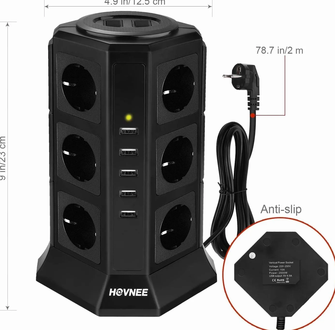 HOVNEE wielogniazdowa listwa zasilająca, 12 gniazd 2500 W/10 A z 5 portami ładowania USB i kablem 5 V/4,5 A o długości 2,0 m, ochroną przed przepięciem i zwarciem, czarna