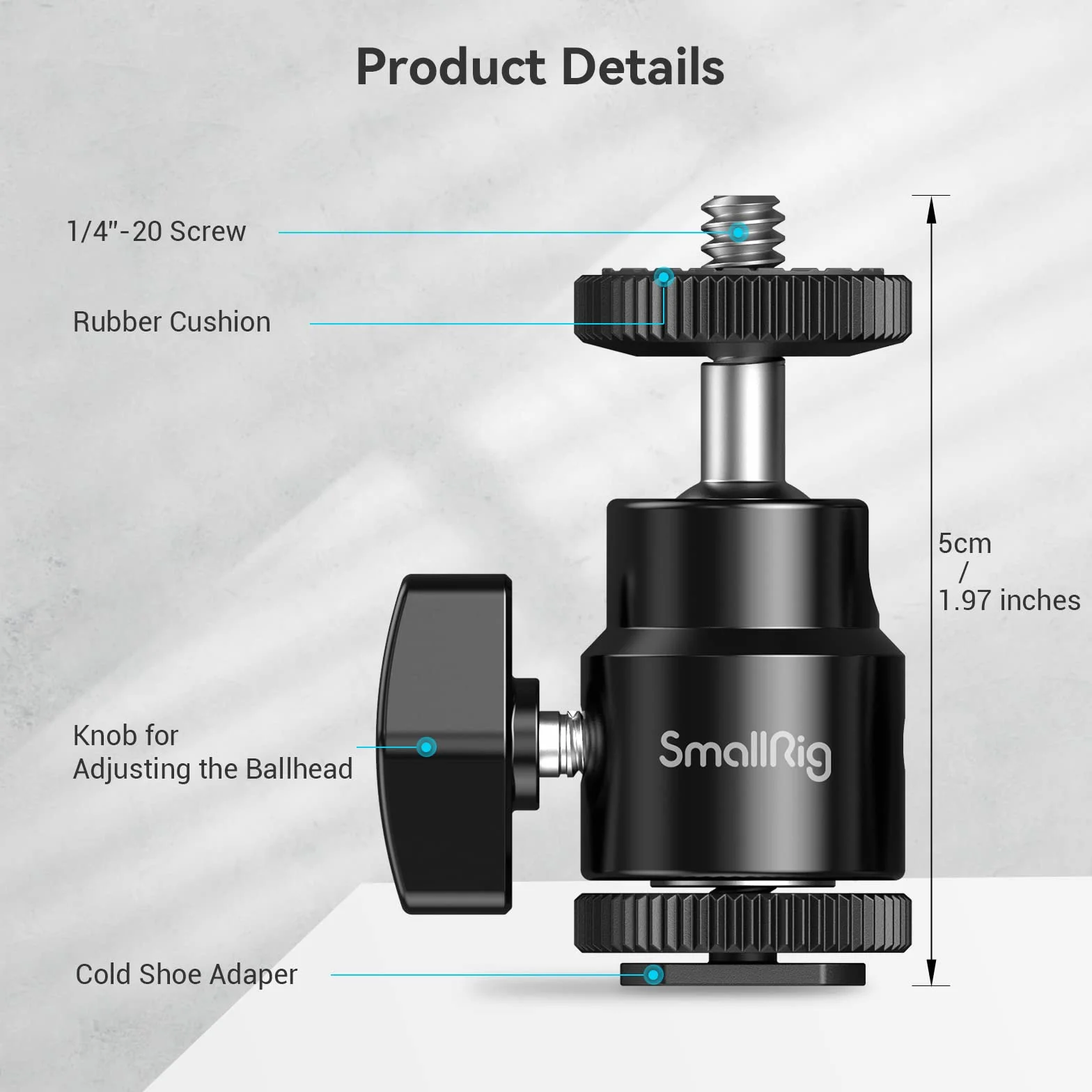 SMALLRIG Głowica kulowa Mini statyw z adapterem gorącej stopki 1/4, obrotowa głowica kulowa 360 ° z adapterem gorącej stopki do monitora LCD, mikrofonu, światła LED - 761