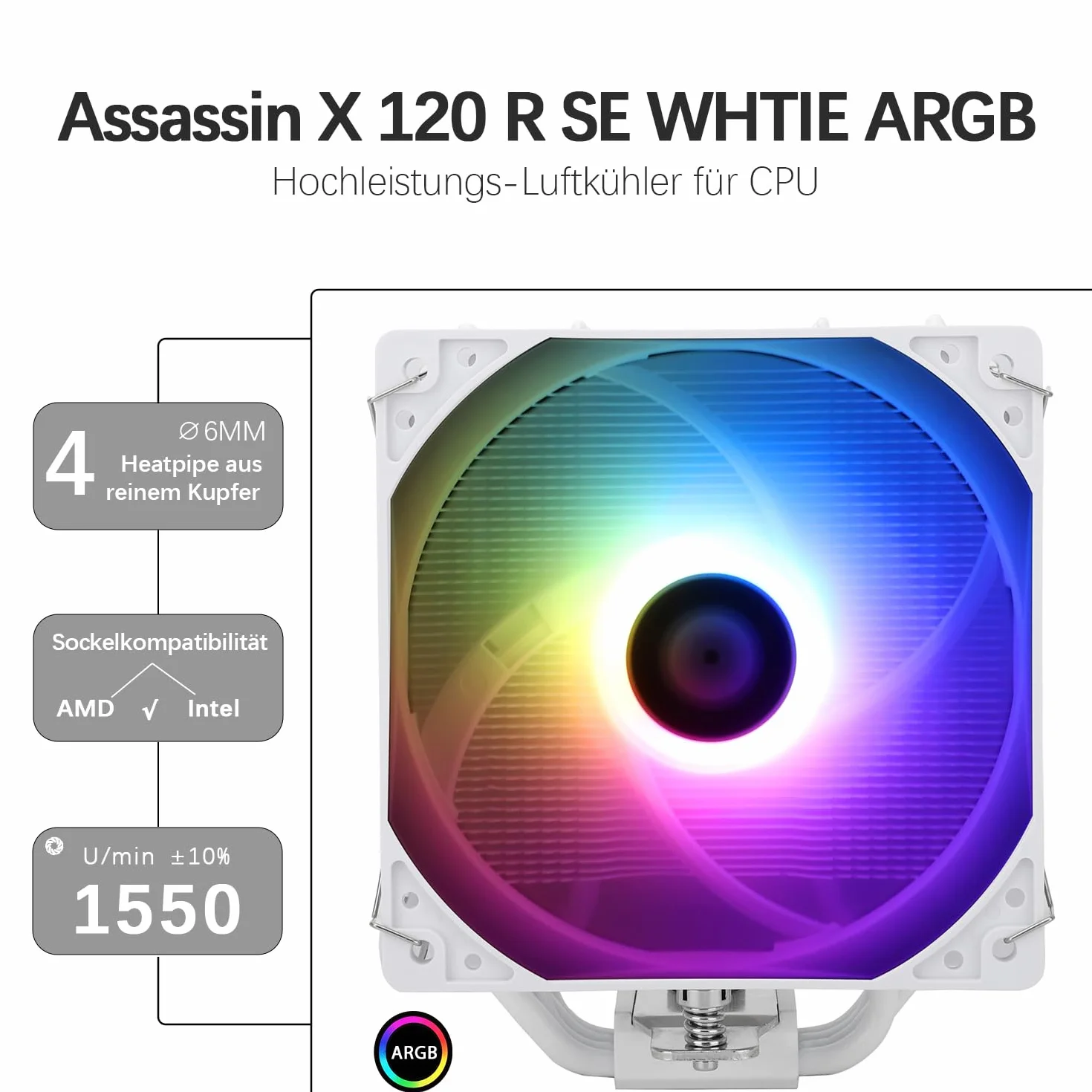 Thermalright Assassin X 120R SE White ARGB CPU Cooler, 4 Heat Pipes, 120mm Silent Fan, AMD AM4 AM5, Intel LGA1851/1700/115x/1200