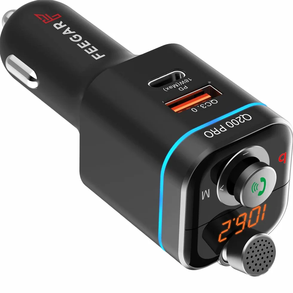 Feegar Q200 Pro Transmiter FM Bluetooth 5.0 QC3.0 4.0 PD SD MP3 USB-C 12-24 V Ładowarka 42W typ C 87,5–108,0 MHz Regulowany mikrofon HD Bass Boost Efekt Siri