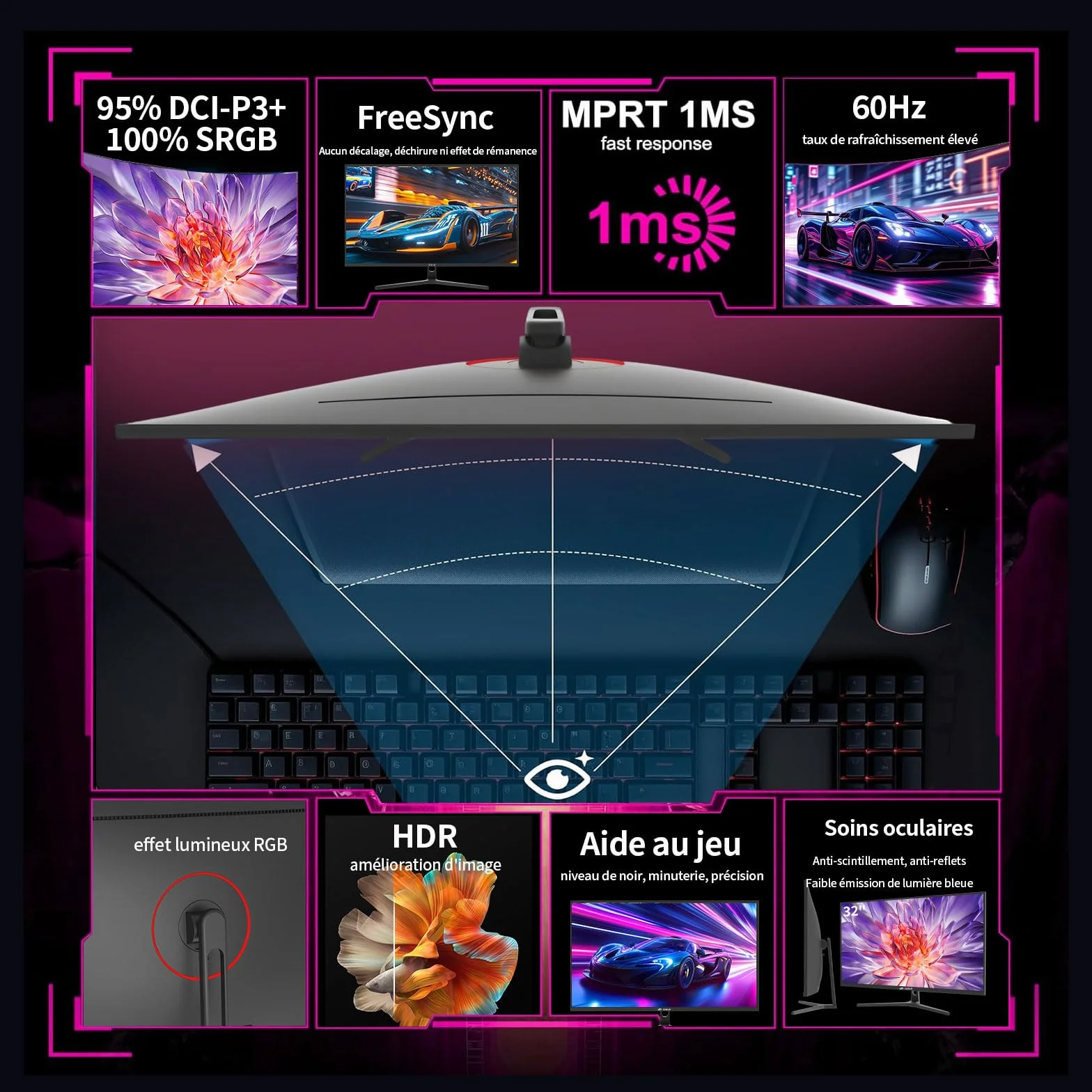 CRUA 32-calowy ekran PC Gamer 4K, monitor gier UHD (3840 x 2160) ekran PC - VA 1ms GtG 60 HzHZ, wyświetlacz HDRTM 400, 98% DCI-P3, AMD FreeSync, nachylenie, regulacja wysokości, tryb portretowy