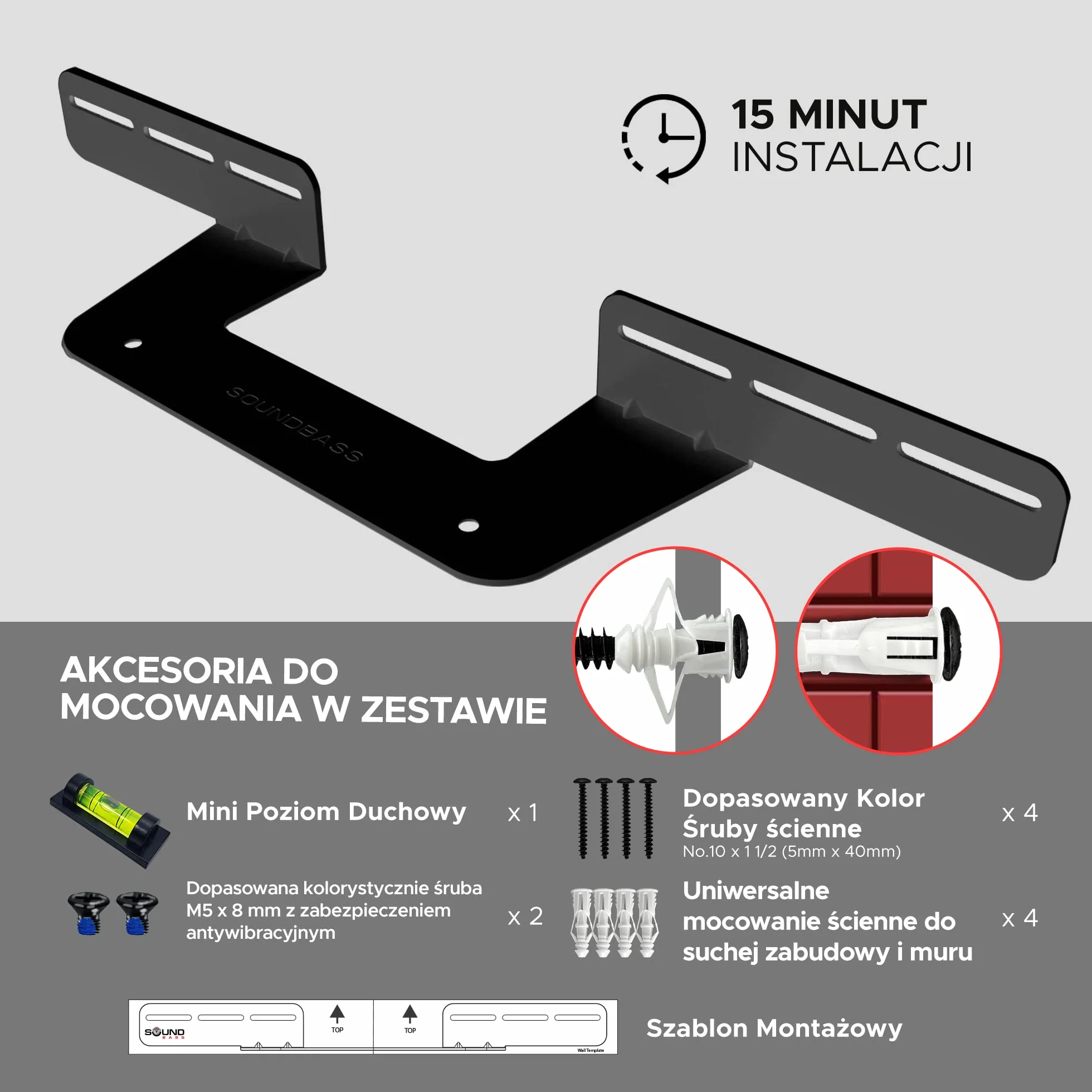 Beam uchwyt ścienny do montażu, czarny, zawiera zestaw akcesoriów montażowych do zawieszenia listwy Sonos Beam dźwiękowej, zaprojektowany w Wielkiej Brytanii przez Soundbass