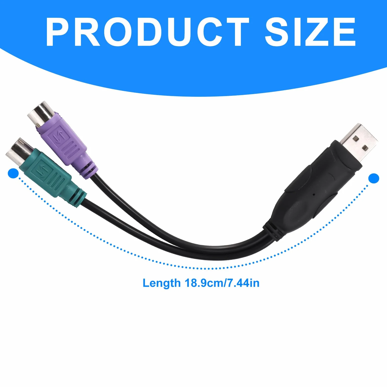2szt Adapterów PS2 do USB, 18,9cm Długości Konwerter Klawiatury i Myszy PS/2 na USB (Porty Fioletowe i Zielone)
