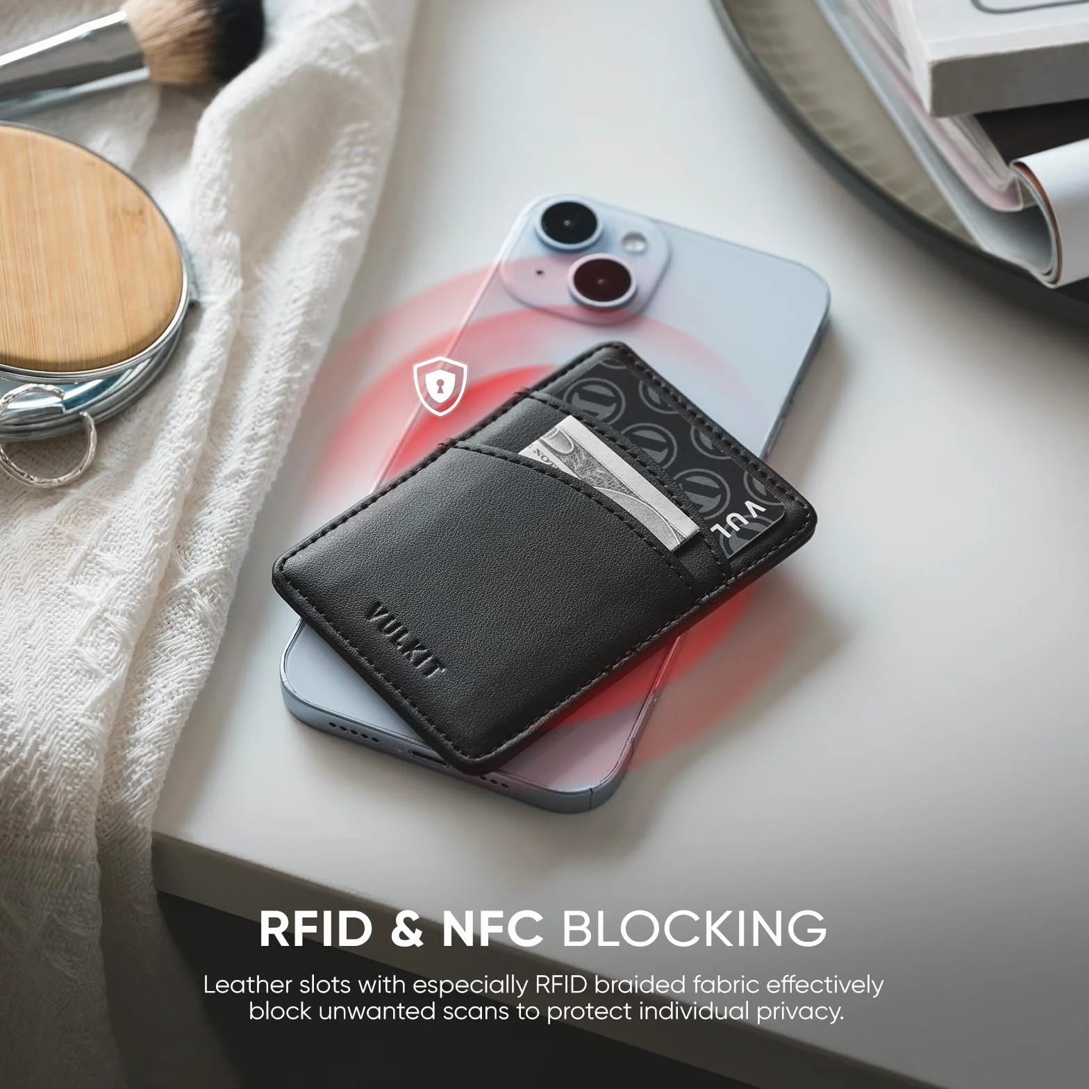 VULKIT Magnetyczne etui na karty na telefon cienki skórzany portfel dla kobiet etui na karty kredytowe z blokadą RFID etui na karty telefoniczne Magsafe, Czarny (Black),Klasyczny