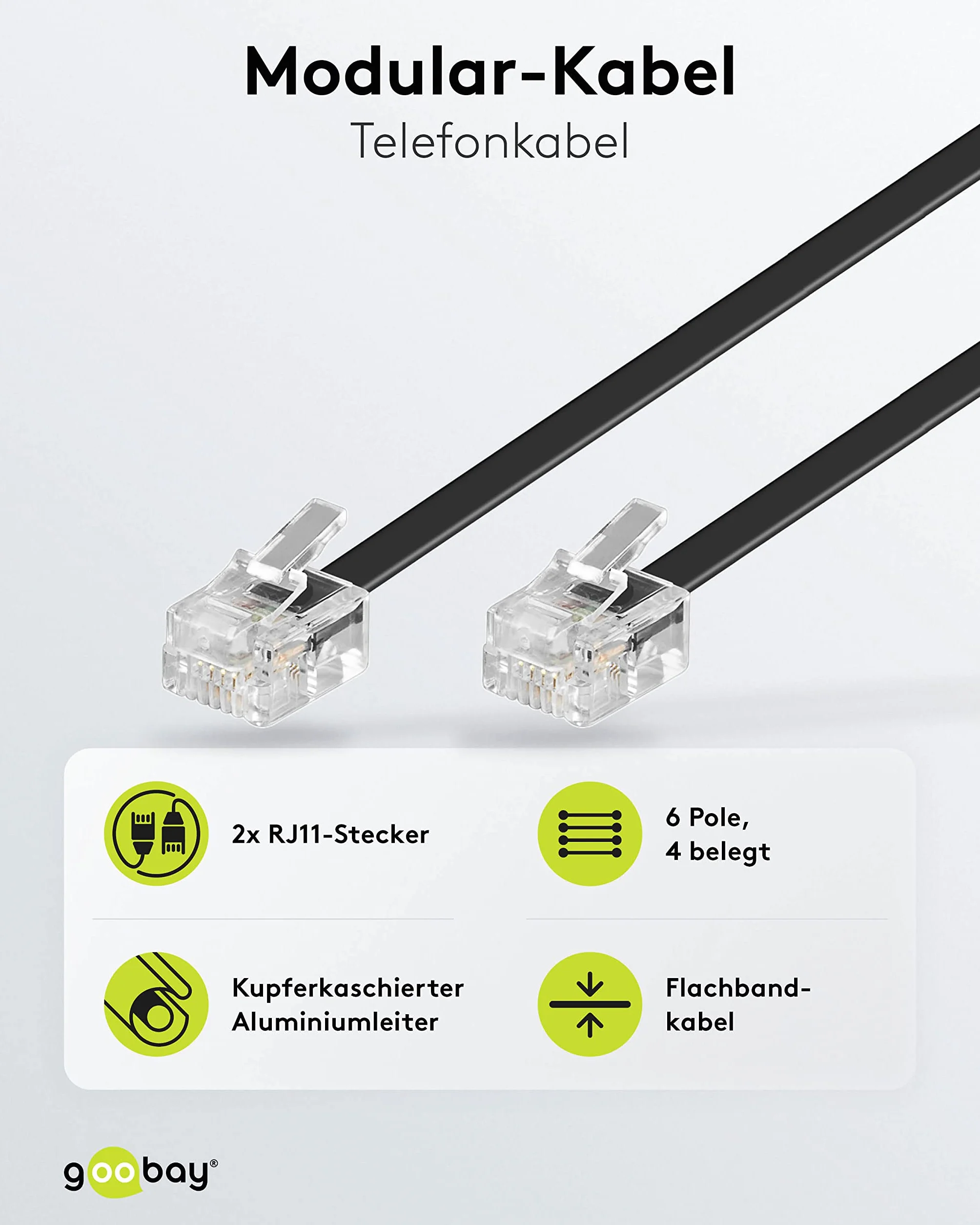 Goobay 50317 Kabel Przyłączeniowy Modułowy wtyk RJ11/RJ14 (6P4C) na wtyk RJ11/RJ14 (6P4C), 3 m Czarny