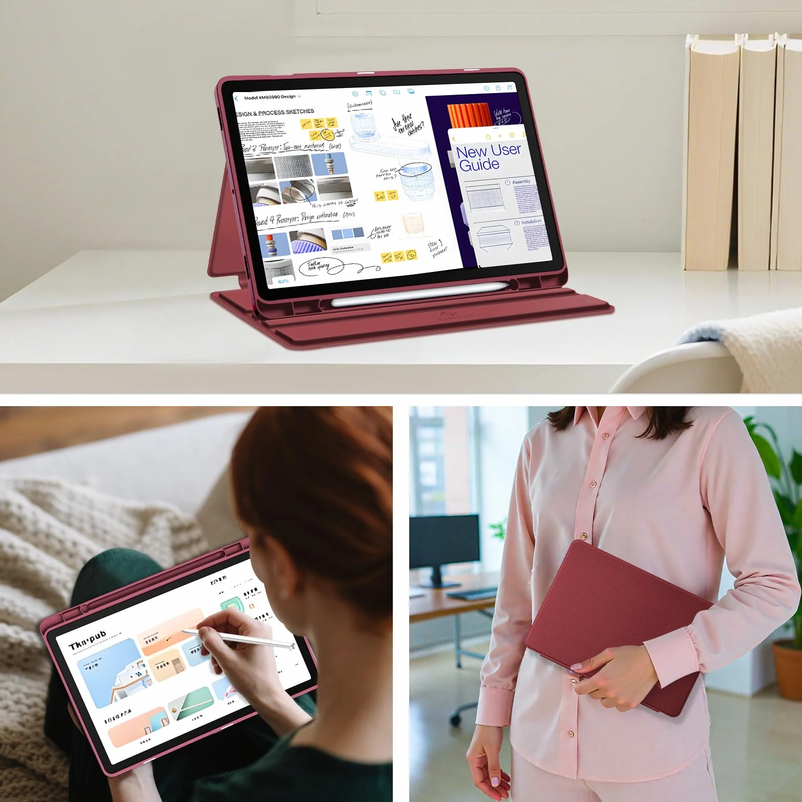FINTIE Etui do Samsung Galaxy Tab S10 Lite/ S10 FE 2025/ S9 FE 10,9 cala / S9 11 cali z uchwytem na długopis S, smukły stojak pod wieloma kątami z miękką tylną obudową TPU, wino