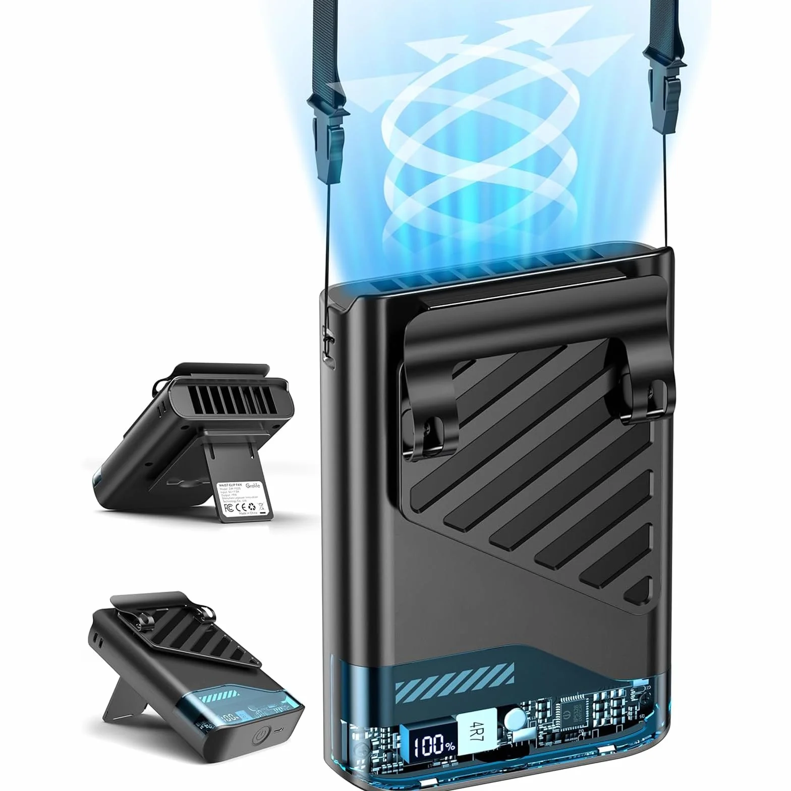 Gemmac Przenośny wentylator w talii, Stojący/Szyjny/Biodrowy/Ręczny - Wyświetlacz LED%Baterii - 5 Prędkości 10 000 obr/min, Power bank o pojemności 4000 mAh- Cichy do Biura & Praca na zewnątrz
