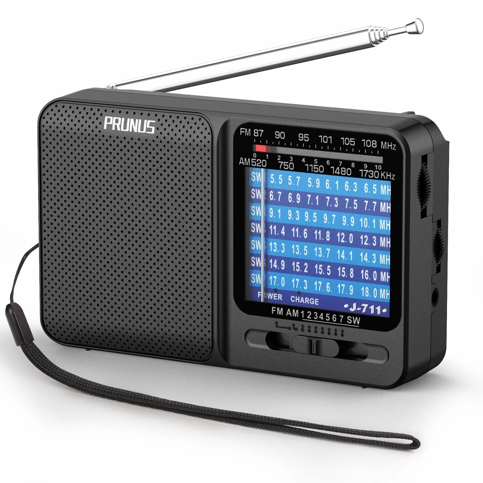 PRUNUS J-711 kieszonkowe radio AM/SW/FM z możliwością ładowania, kompatybilne z bateriami AA i ładowaniem USB-C, doskonały odbiór, gniazdo słuchawkowe, ze sznurkiem na szyję, idealne na spacery i