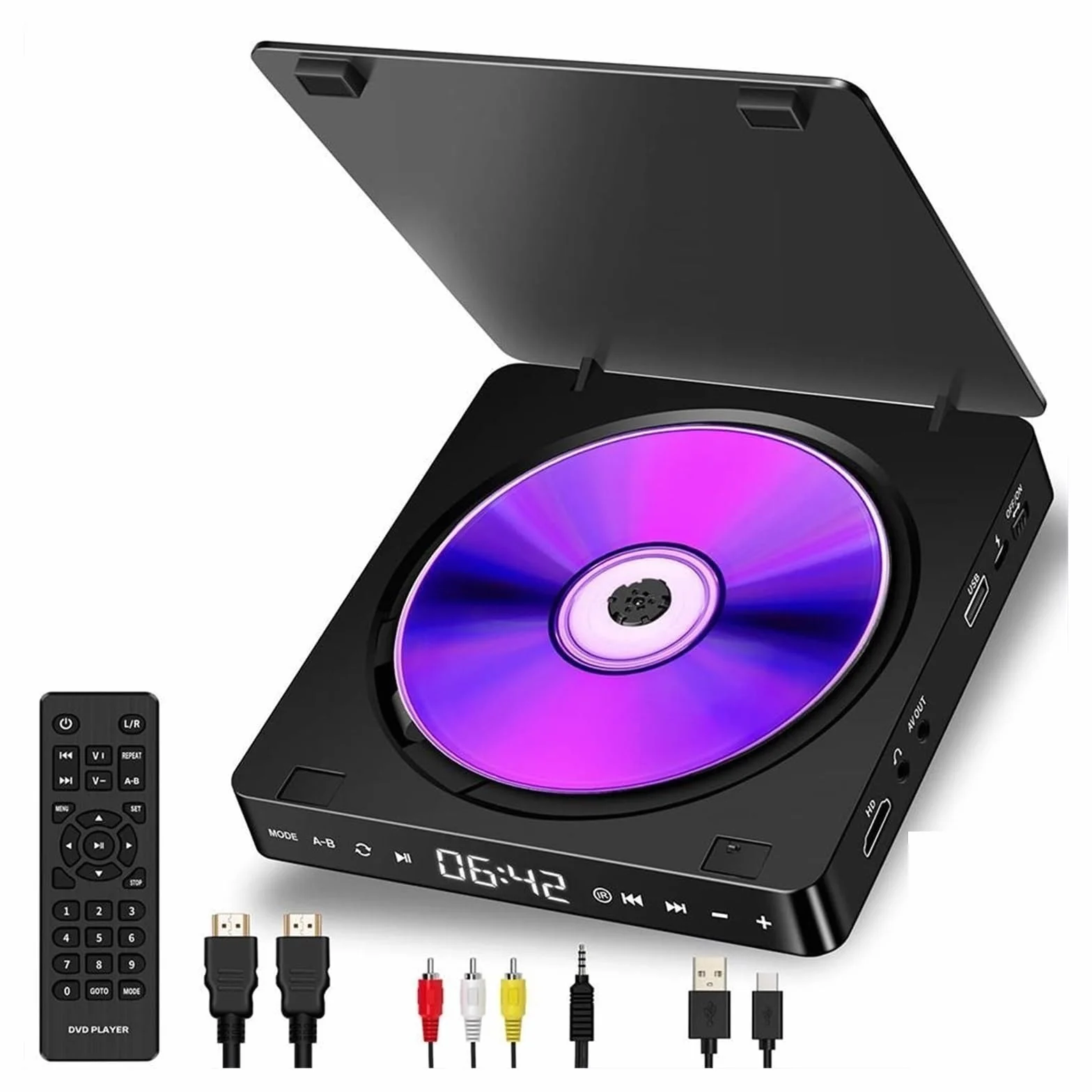 Przenośny odtwarzacz DVD z wideo HD i głośnikami stereo HiFi, rozdzielczość 1080P, wielofunkcyjny do użytku w telewizorze i projektorze, idealny dla początkujących