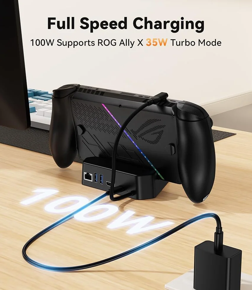 Stacja dokująca do ROG Xbox Ally/Ally X, przenośna stacja dokująca 5 w 1 z 4K przy 144 Hz HDMI 2.1, ładowanie PD 100 W, Gigabit Ethernet i 2 porty USB 3.0, obsługa trybu Turbo 35 W (5 w 1)