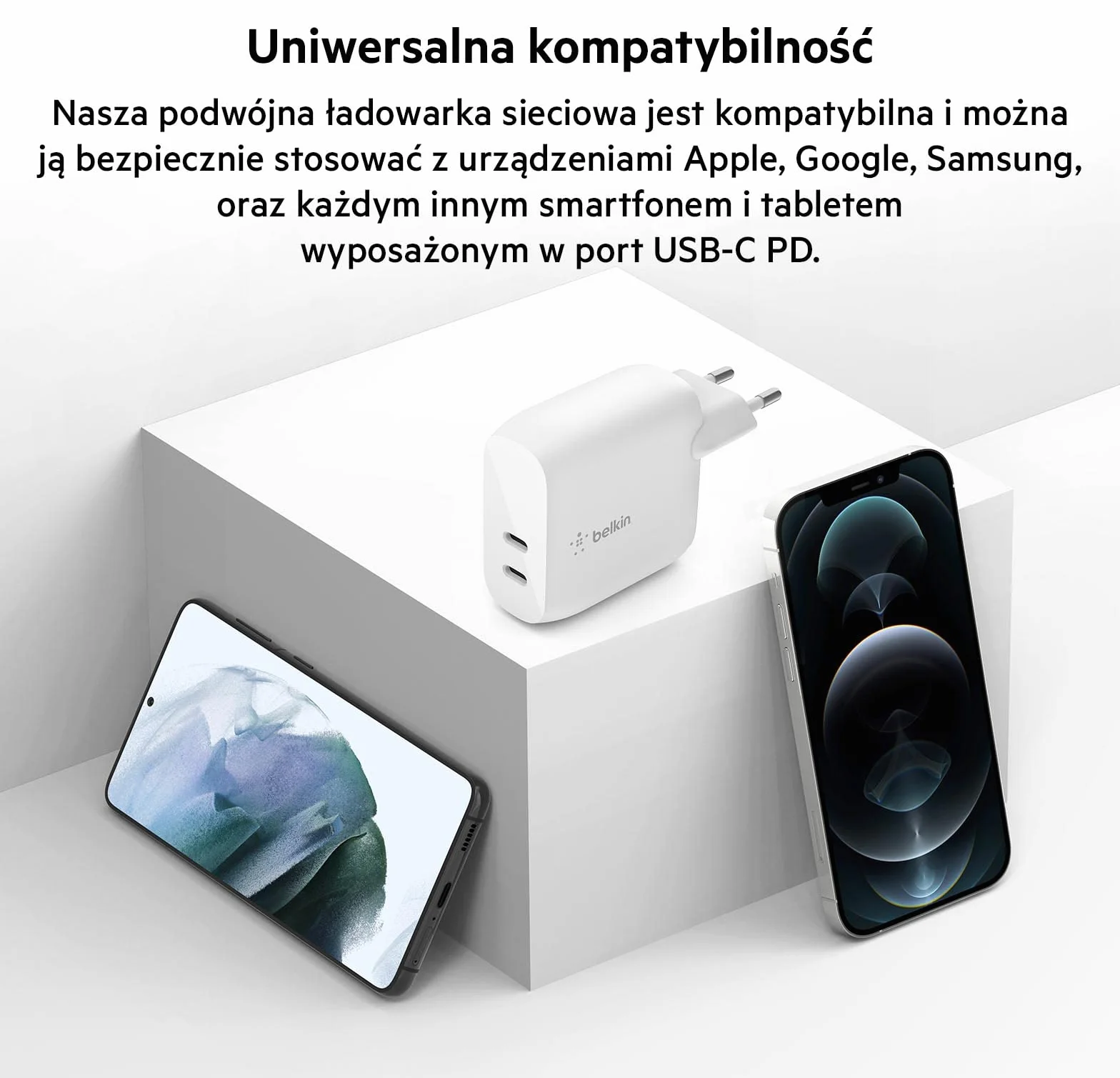 Belkin 40 W USB-C PD Ładowarka sieciowa (2 porty USB-C zapewniające 20 W na port z Power Delivery do szybkiego ładowania iPhone’a 14/14 Plus, 13, Pro/Pro Max, Mini, iPad Pro, Galaxy i innych urządzeń)