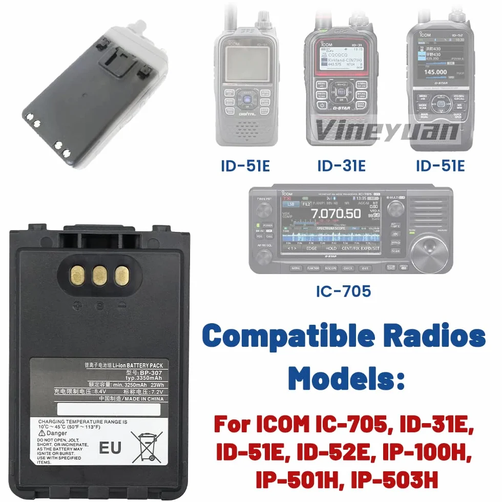 7,2 V 3350 mAh BP-307 akumulator litowo-jonowy o dużej pojemności do ICOM IC-705, ID-31E, ID-51E, ID-52E, IP-100H, IP-501H, IP-503H dwukierunkowe radia