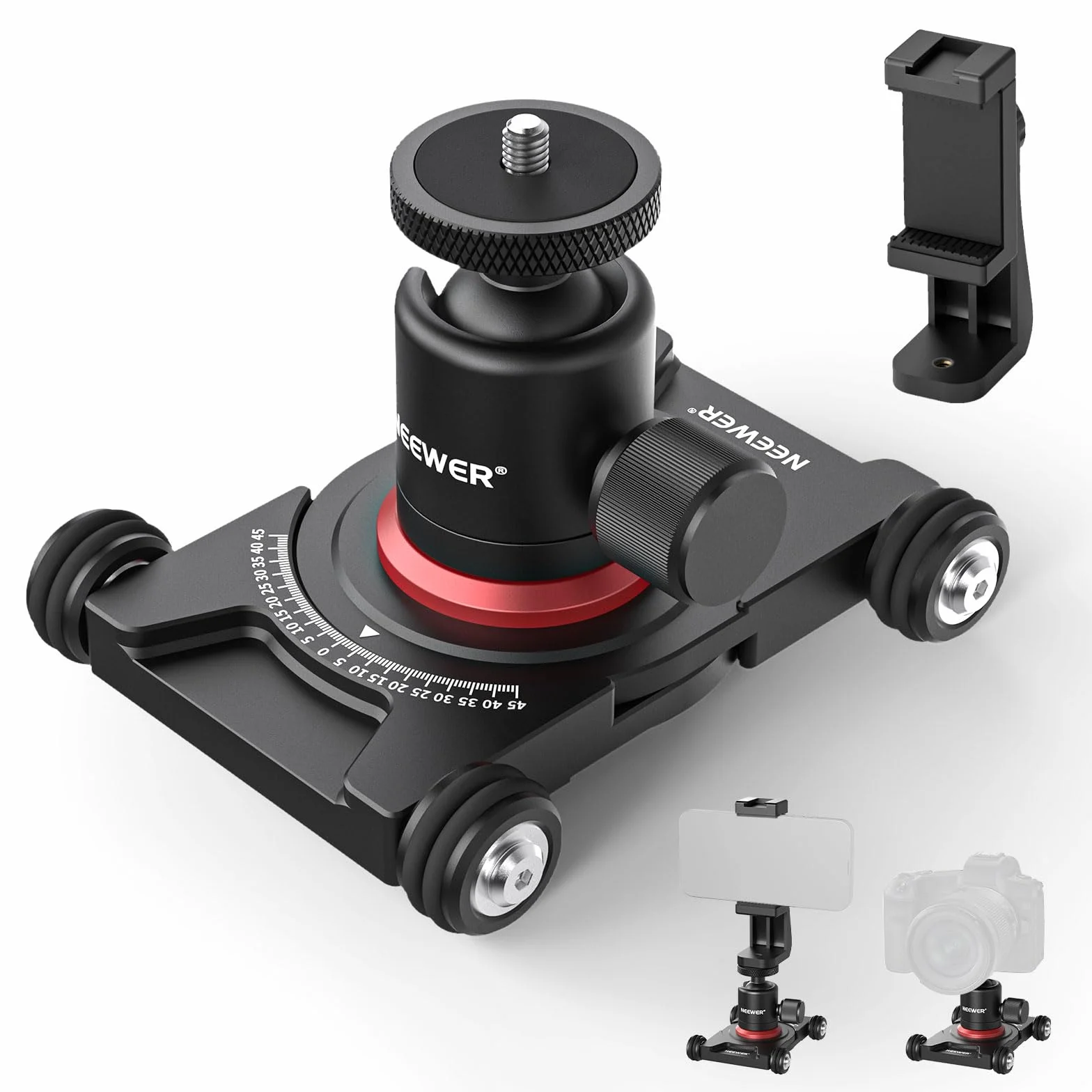 NEEWER Sd001 Slider Dolly kamera z głowicą kulową i zaciskiem do telefonu, 4-kołowy stół Dolly z panoramą 360°, kompatybilny z kamerą bezlusterkową, mini kamerami GoPro iPhone i telefonami komórkowymi