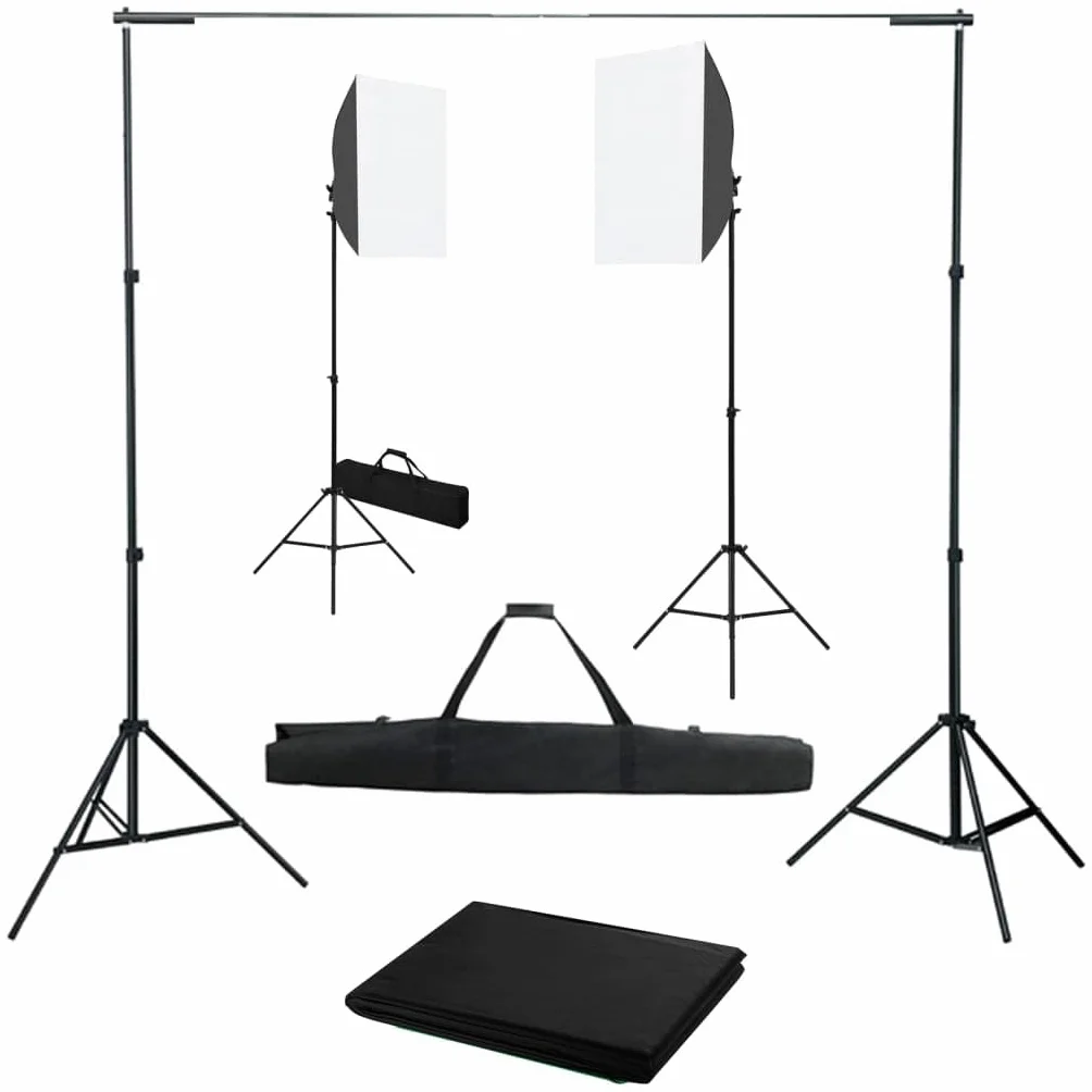 Zestaw do studia fotograficznego z softboxami, system tła, 2 statywy, 2 żarówki, tło bawełniane, rama aluminiowa, regulacja wysokości do fotografii portretowej