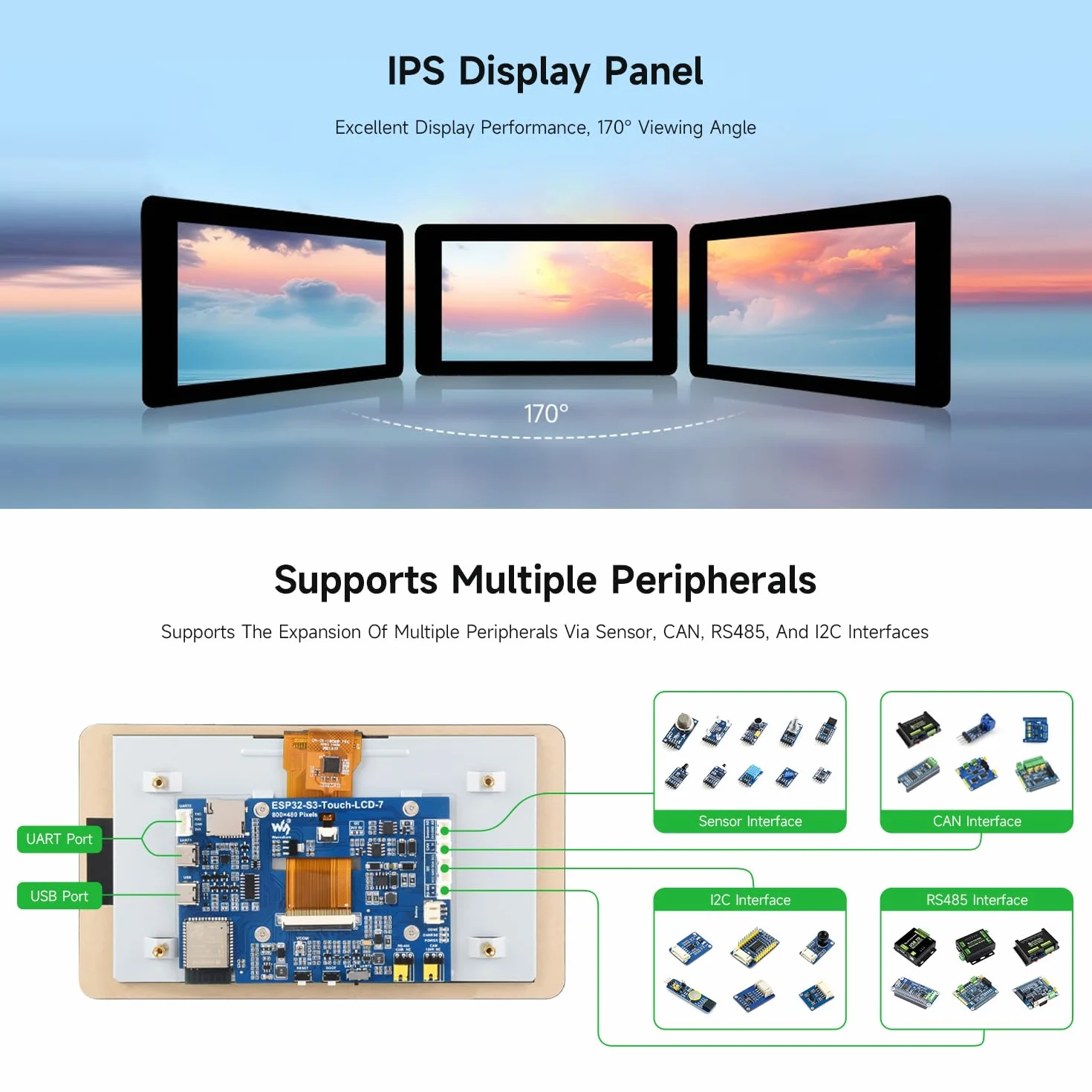 Waveshare ESP32-S3 7inch Capacitive Touch LCD Development Board, ESP32 with Display, 800x480, 5-Point Touch, 240MHz, Supports WiFi, Onboard Antenna, Suitable for ESPHome/Home Assistant Project