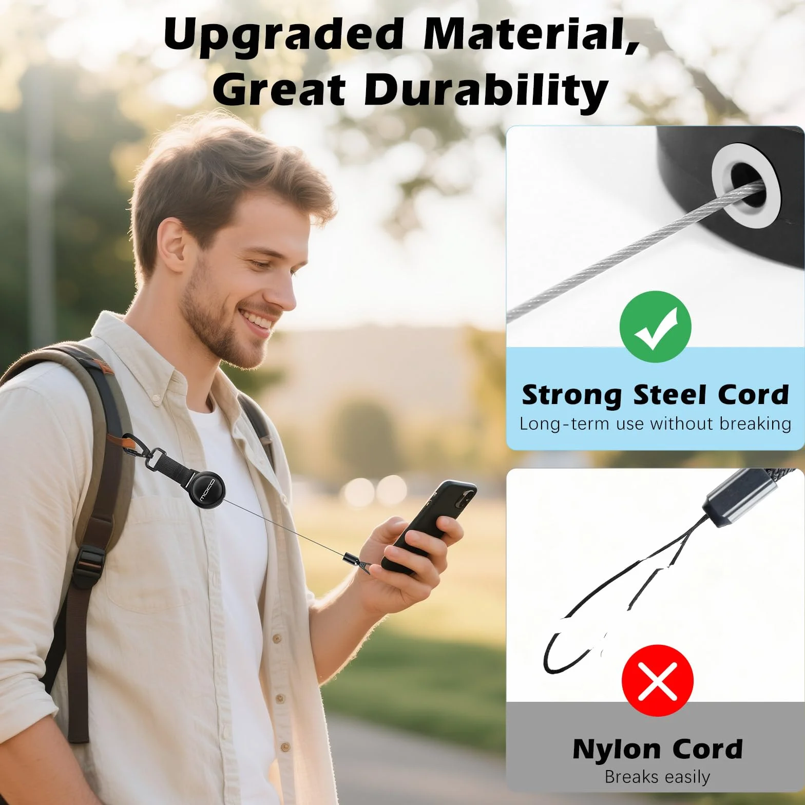 MoKo 2 Pack Anti-theft Phone Tether Lanyard, Retractable Phone Strap Keychain Steel Line Cellphone Lanyard with Locking Carabiner and Metal 360° Tether Tab for Outdoor Hiking Climbing Fishing, Black