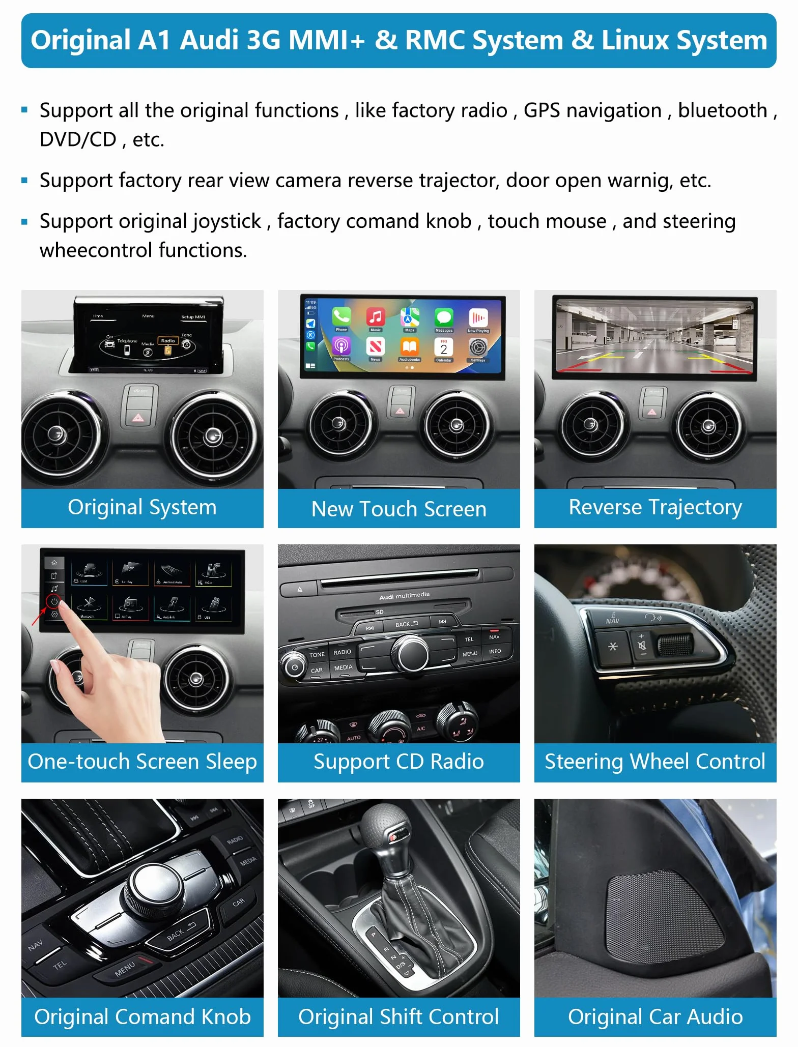 Radio samochodowe Ninetom z ekranem dotykowym 12,3 cala i bezprzewodową funkcją CarPlay i Android Auto do Audi A1 z lat 2012–2018 z systemem 3G MMI/RMC, obsługuje Mirrorlink, kamerę, nawigację