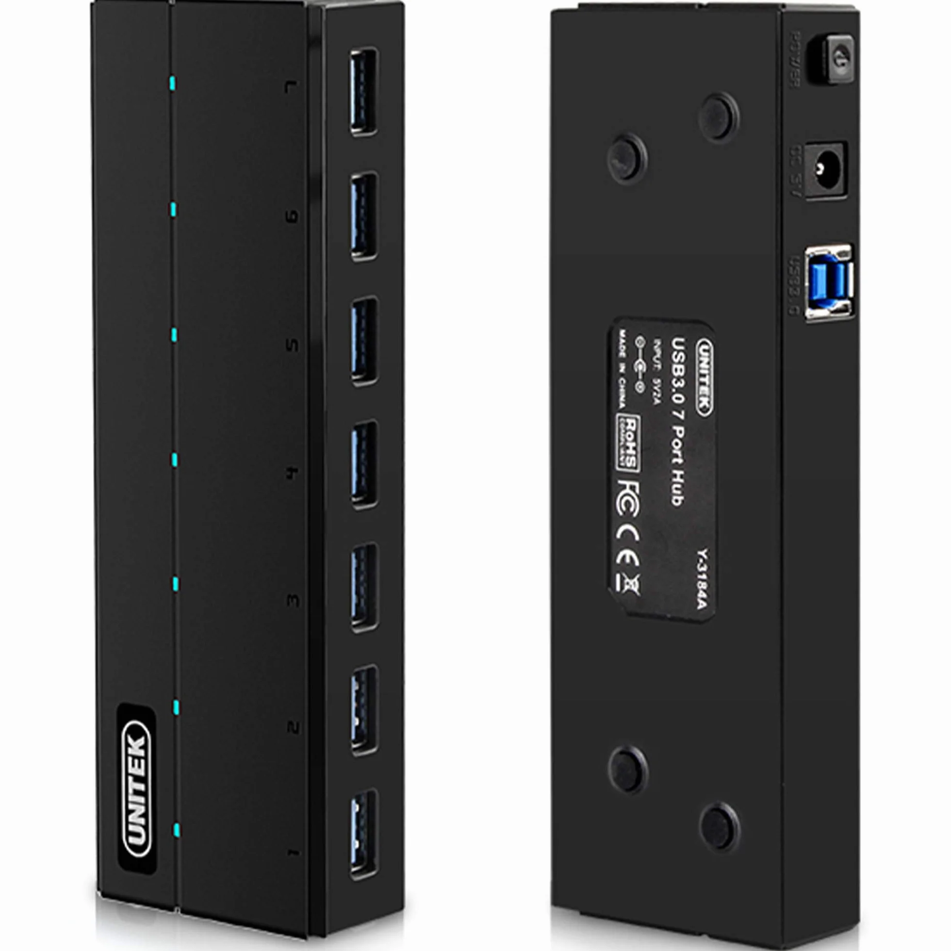 UNITEK Hub 7 portów USB 3.0 aktywny z zasilaniem, hub multiport rozdzielacz do komputera, laptopa, klawiatury, myszy, drukarki, iOS (Mac) + Windows, Plug & Play, czarny