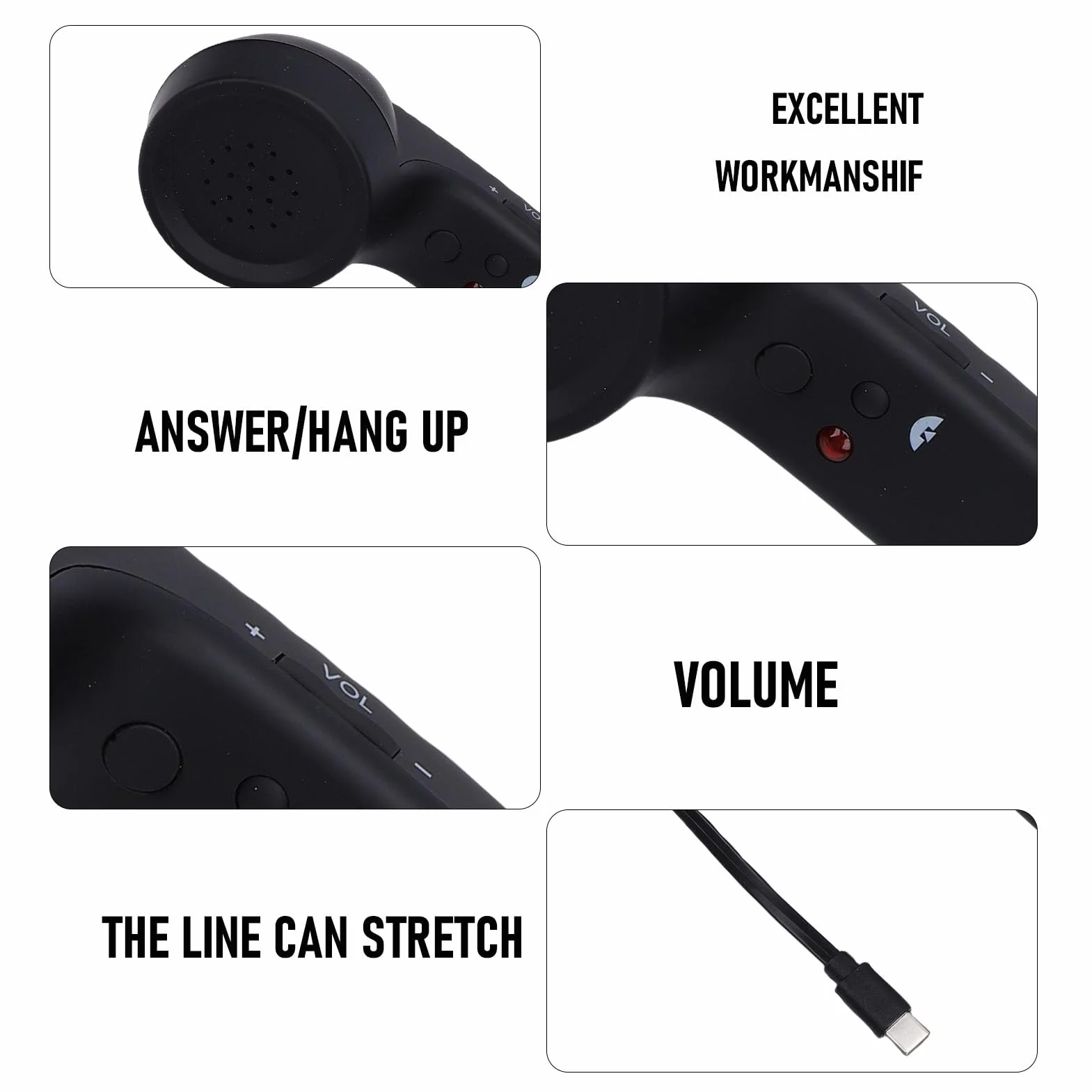 Słuchawka Telefoniczna USB C w Stylu Retro z regulacją Głośności Mikrofonu, Przewodowa Słuchawka Telefoniczna w Stylu Vintage, Oldschoolowe Akcesorium do Telefonów Komórkowych (BLACK)
