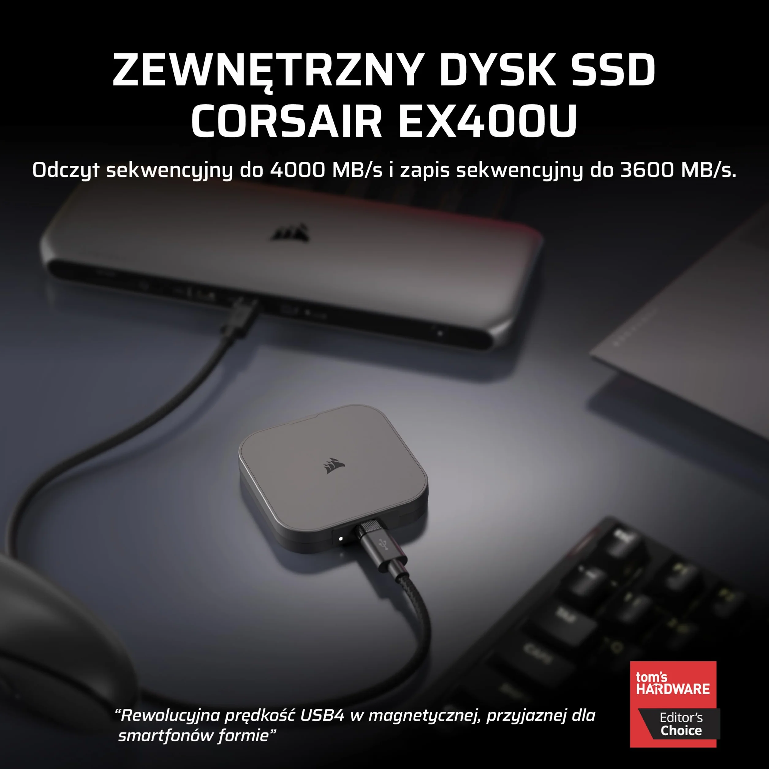 CORSAIR EX400U 4TB Przenośny SSD USB4 — USB Typ-C, USB4/USB 3.2 Gen2x2, do 40 Gb/s, Plug and Play, MagSafe, kabel USB-C (USB4) — Windows PC, Mac iOS — Szary