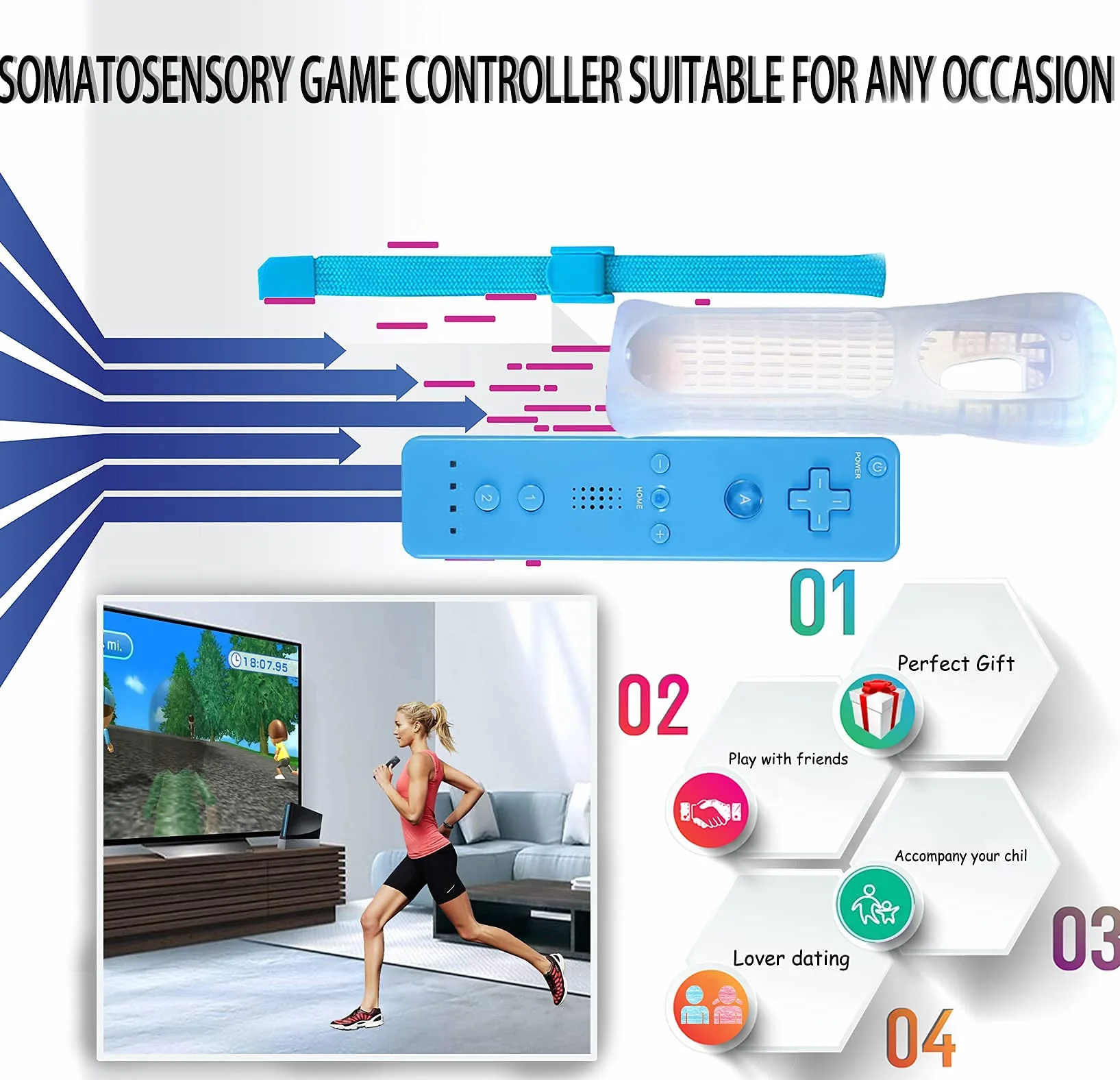PGYFDAL Zestaw 2 klasycznych kontrolerów bezprzewodowych kompatybilnych z konsolą Wii U, gamepad z miękkim silikonowym rękawem i paskiem na nadgarstek (czerwony + niebieski + różowy + ciemnoniebieski)