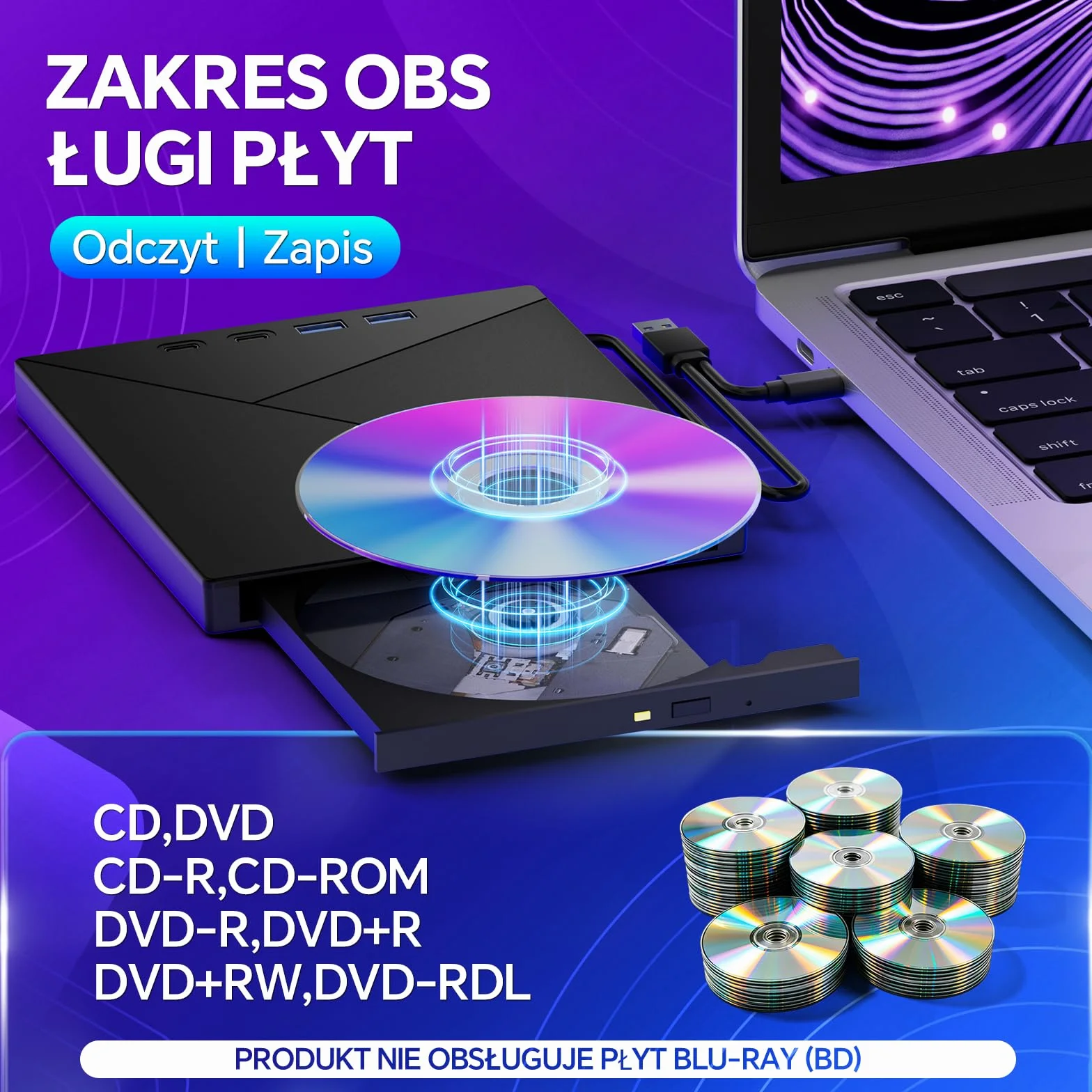 Zewnętrzny napęd CD/DVD Przenośna Nagrywarka Odtwarzacz 7 w 1 | Interfejsem USB 3.0 i Type-C oraz Czytnikiem kart SD/TF i Hubem USB Kompatybilny z Mac/Linux/PC/Laptopa/Windows