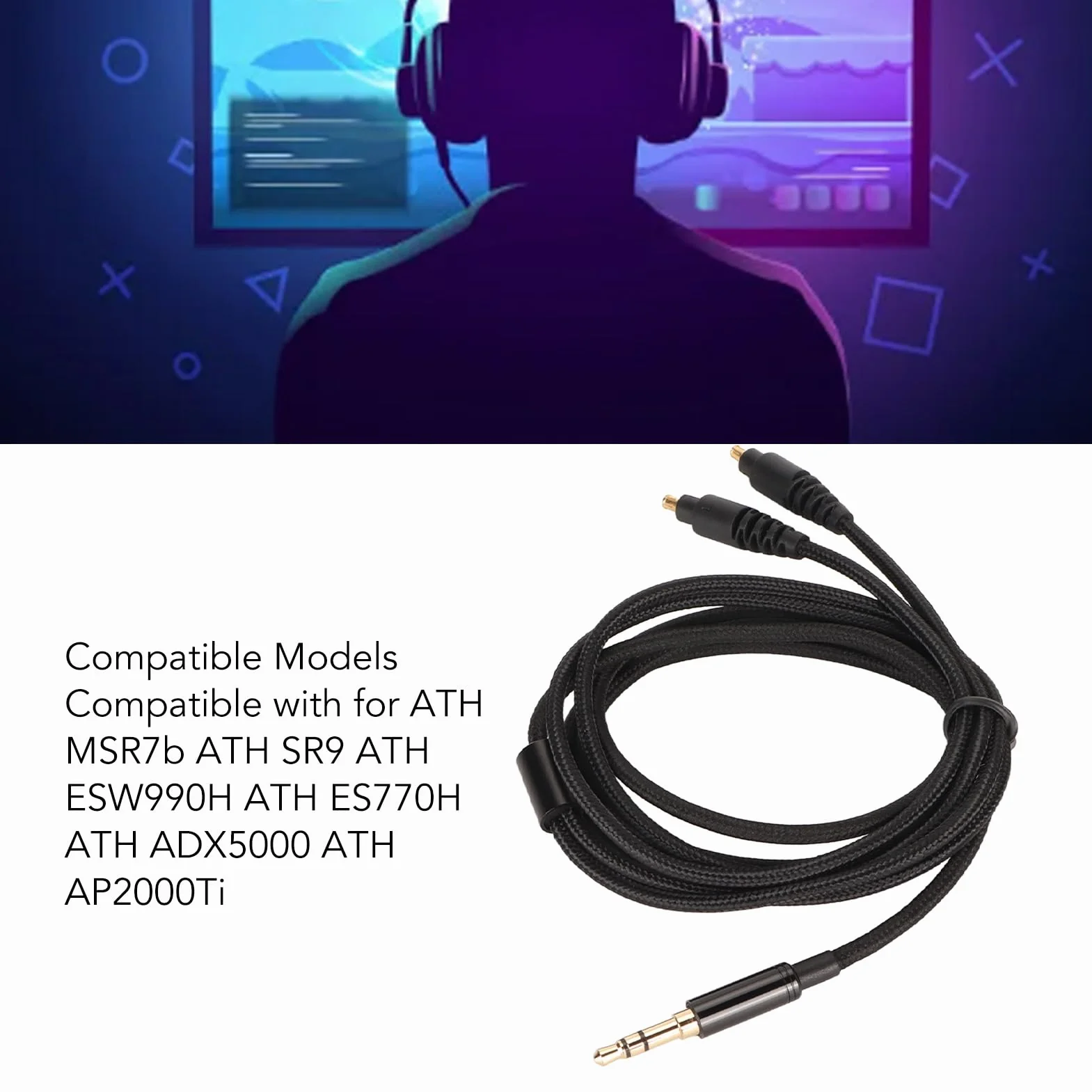 Zamienny Kabel do Aktualizacji Audio 3,5 Mm, Pozłacany Kabel z Oplotem z wtyczką, Przewód Zamienny do Słuchawek ATH MSR7b ATH SR9 ATH ESW990H 3,9 Stopy