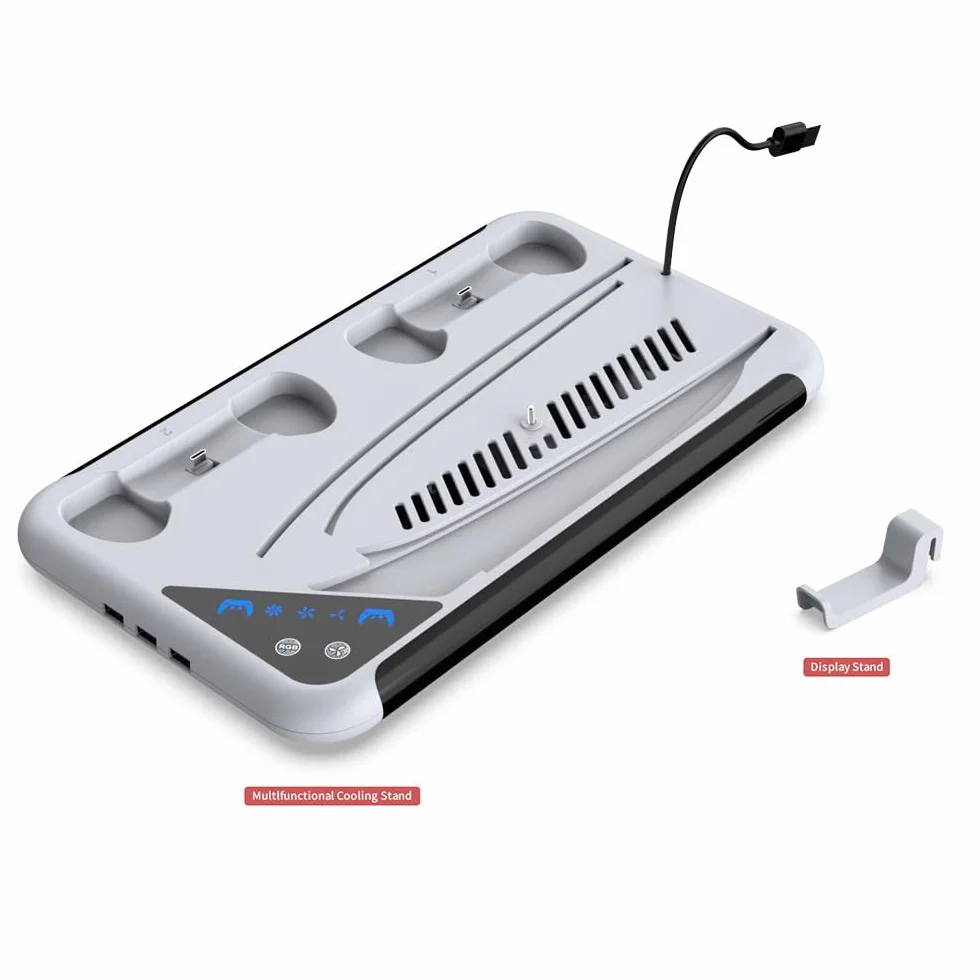 Stacja chłodząca z podwójną ładowarką kontrolera do PS5 Slim Stand, stacja ładująca, uchwyt na słuchawki ze światłem RGB dla PS5 Slim (biały)