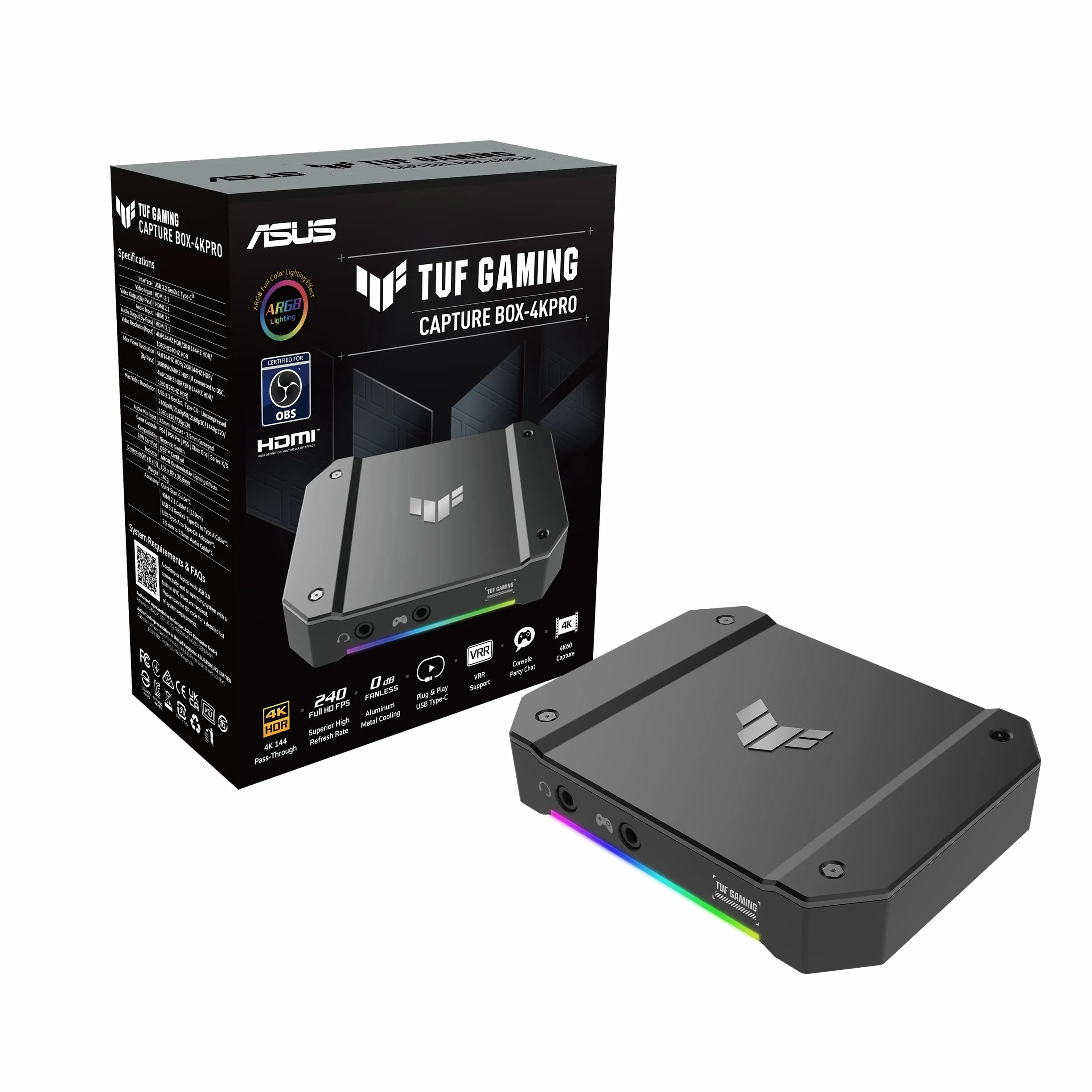 ASUS TUF Capture Box 4KPRO – kompatybilność HDMI 2.1, 4K do 60 kl./s, 2K do 120 kl./s i Full HD do 120 kl./s, Plug-and-Play USB 3.2 Gen 2, dwa gniazda 3,5 mm, certyfikat OBS, VRR
