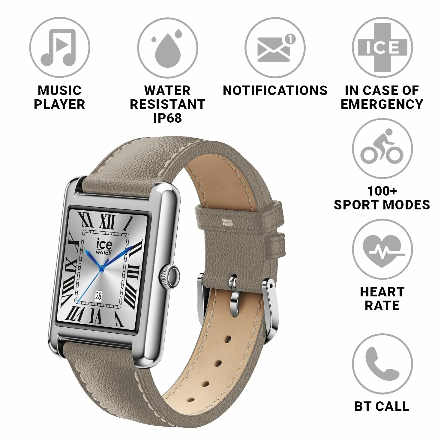 Ice-Watch - ICE smart TKS 2.0 Silver Grey grain - Srebrny smartwatch dla kobiet z skórzanym paskiem - 025621 (1,41 cala / 32 mm) - Smartwatch, monitorowanie aktywności fizycznej i zdrowia