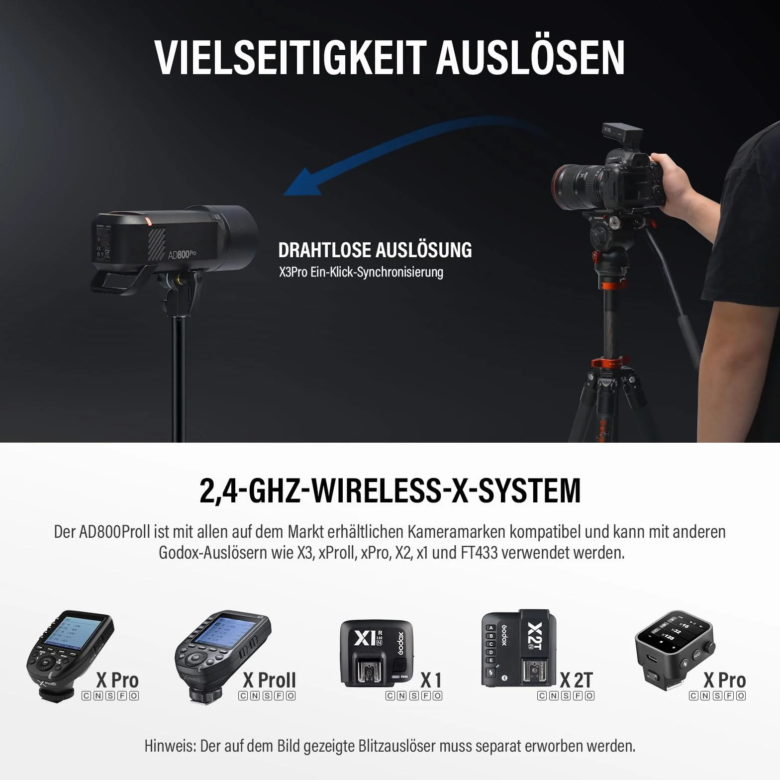 GODOX AD800Pro 800W TTL lampa błyskowa zewnętrzna, 2,4 G Wireless HSS 1/8000s, zdejmowana bateria litowa, 10-stopniowa regulacja, 40 W, podwójny tryb lampy 2800K-6000K, czas ładowania 0,01-1,5, 300