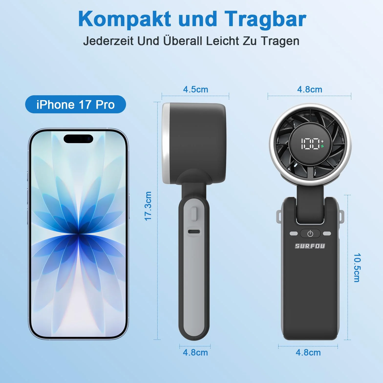 SURFOU Wentylator ręczny 4000 mAh, przenośny mini wentylator turbo z 5 stopniami, wskaźnik LED, składany, 3 w 1, ładowanie przez USB, wydajny do biura, podróży i na zewnątrz, czarny