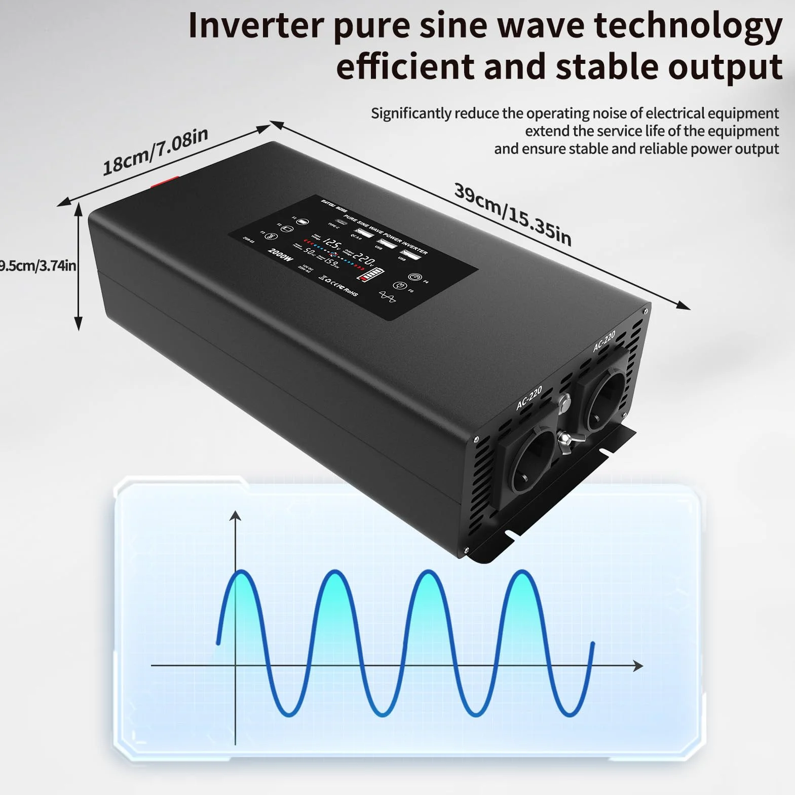 DATOUBOSS Przetwornica 12V 230V Czysty Sinus 2000W/4000W Falowniki z Wyświetlaczem LCD i Gniazdami AC Oraz 2×USB5V2.1A, QC3.0, Type-C