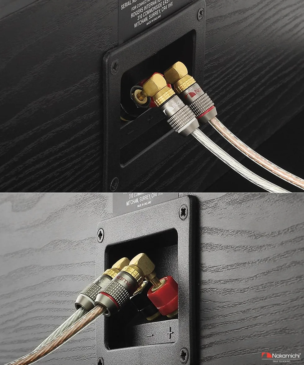 Nakamichi FanLock Wtyk kątowa 90 stopni bananowy platerowany 24-karatowym złotem 10 AWG - 18 AWG Rozmiar miernika 4 mm dla głośników Wzmacniacz Kino domowe Kabel Szybkozłącze, 2 Sztuki (1-Para)