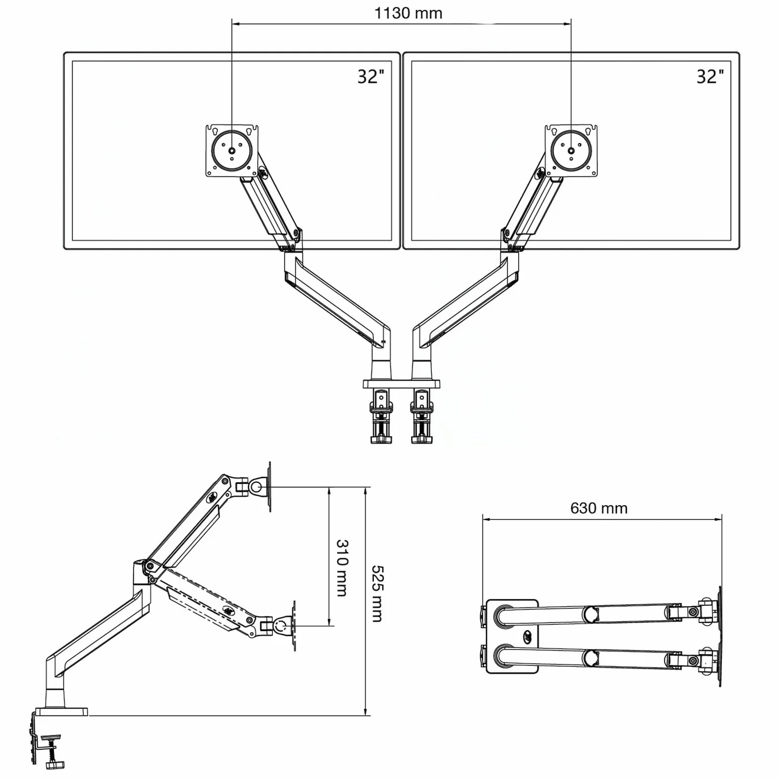 Solidny obrotowy uchwyt biurkowy na sprężynie gazowej do dwóch monitorów LCD LED 22-32 cali, VESA max. 100 x 100 mm, udźwig do 15 kg