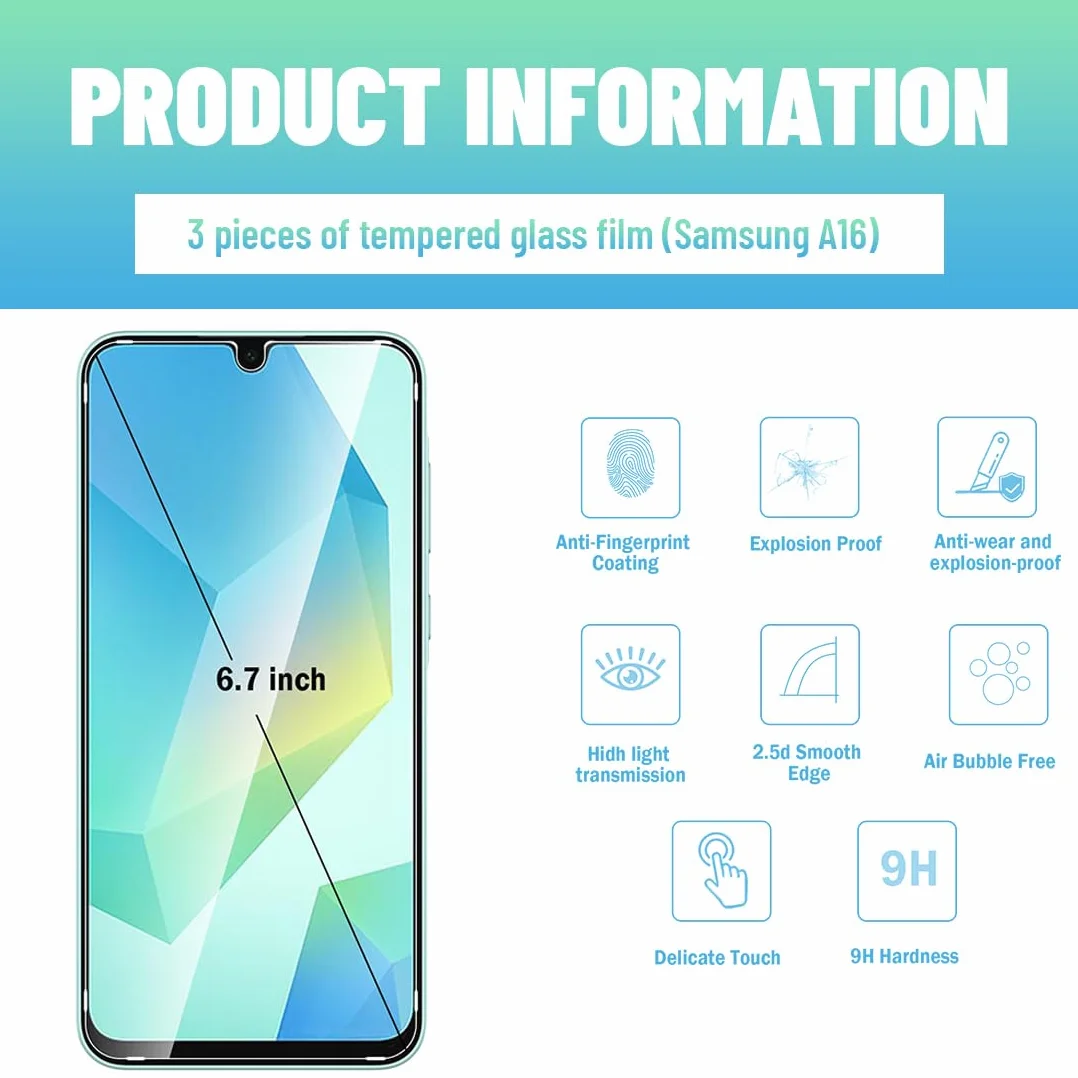 3 sztuki szkła hartowanego do Samsung Galaxy A16 4G/5G, ochrona przed zarysowaniami, odciski palców, bez pęcherzyków, twardość 9H, ultra przezroczysta, ultra wytrzymała
