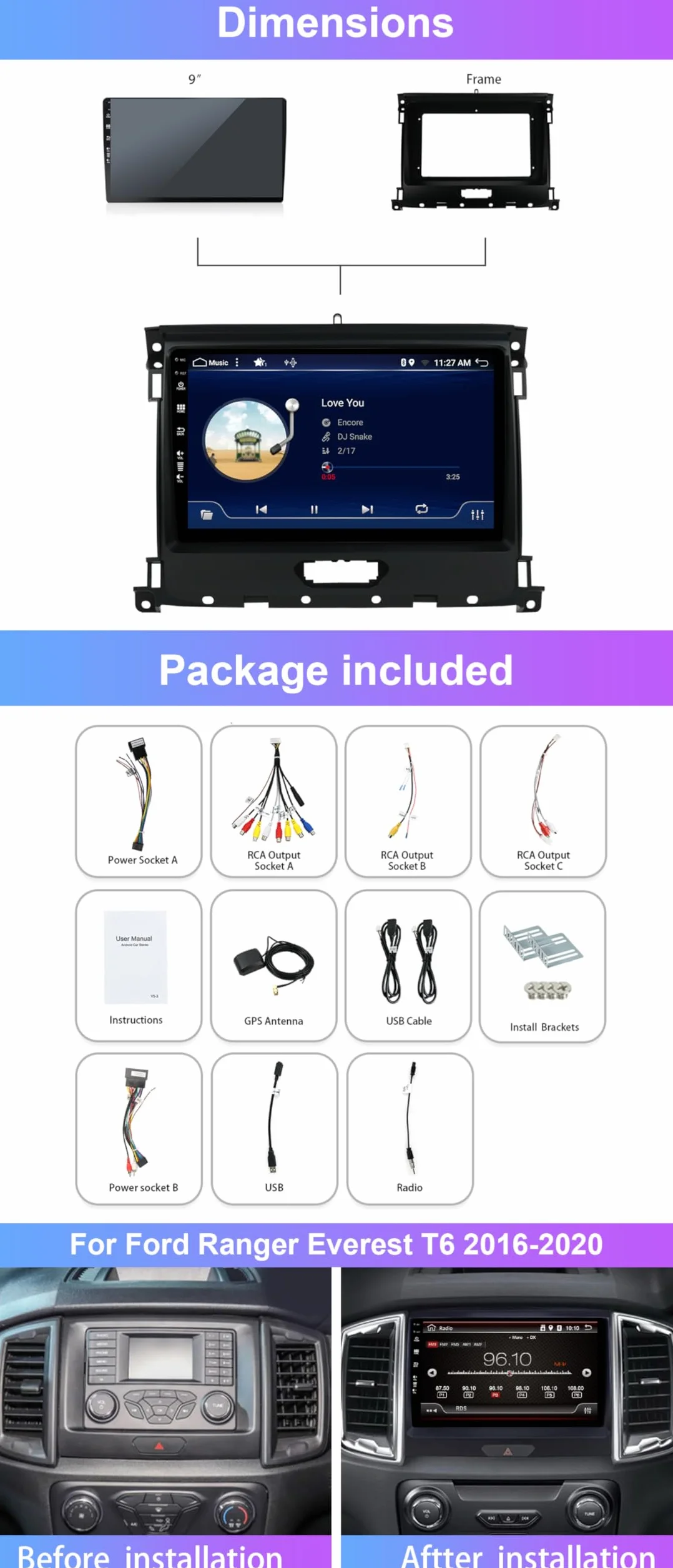 Radio samochodowe 2G+64G Android 15 dla Ford Ranger Everest T6 2016-2020 z ekranem dotykowym Carplay Android Auto DSP 9-calowy ekran dotykowy - lustro Link GPS WiFi BT FM/RDS SWC Fast Boot
