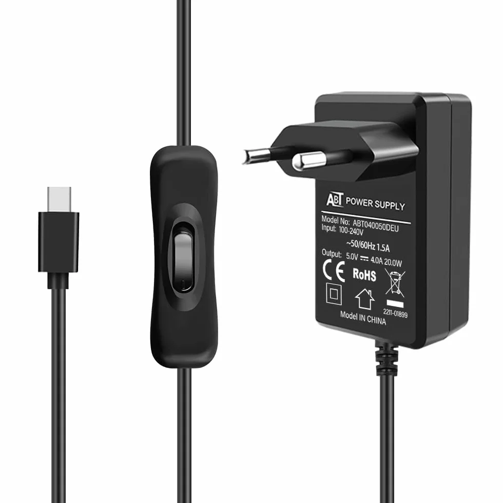 GeeekPi Zasilacz USB C 5V 4A 20W z włącznikiem do Raspberry Pi 4 Model B 8GB/4GB/2GB/1GB, adapter micro USB do Pi 3B+/3B