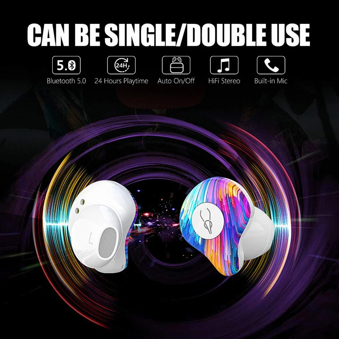 Prawdziwe bezprzewodowe słuchawki douszne, bezprzewodowe słuchawki Bluetooth 5.0, głęboki bas, stereo z redukcją szumów, odporne na pot słuchawki Bluetooth TWS, bezprzewodowe słuchawki z przenośnym pudełkiem do ładowania (grad)