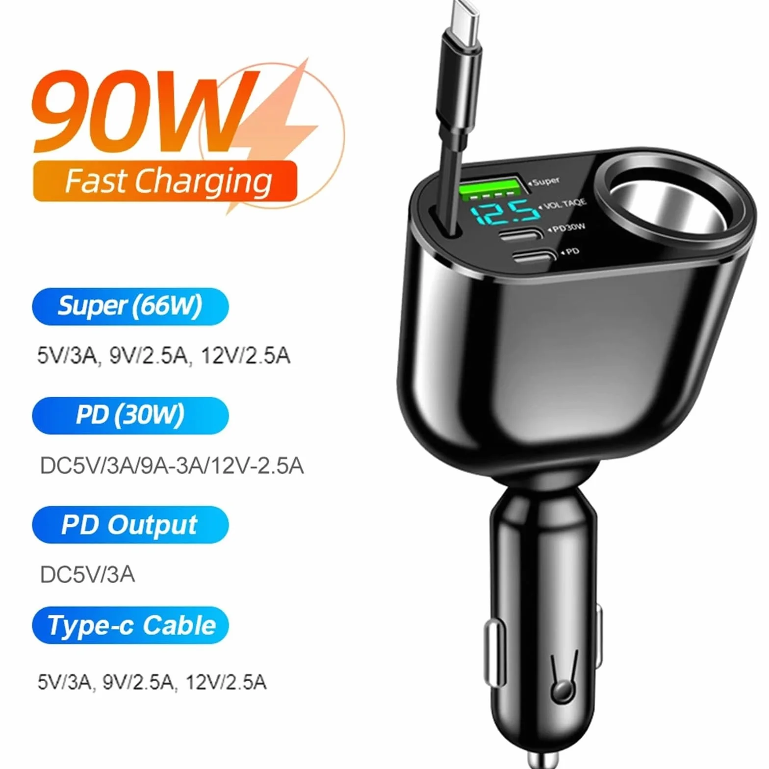 Kabel teleskopowy do szybkiego ładowania 120/90/66 W, 4 w 1, 2 porty USB, adapter, kompatybilna zapalniczka(90W)