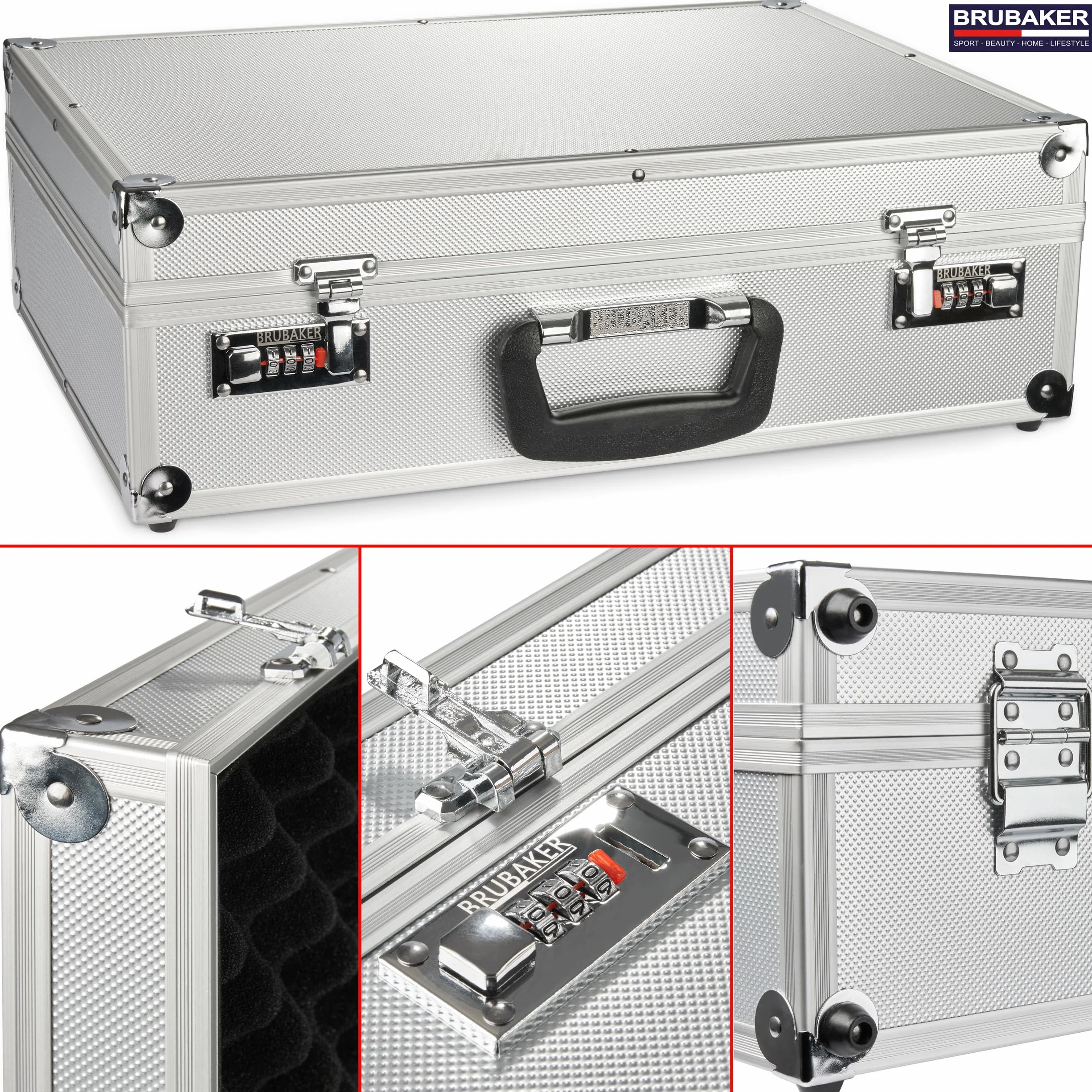 BRUBAKER Uniwersalna Walizka Transportowa Wykonana z Aluminium - Walizka Fotograficzna z Pianką na Aparaty, Sprzęt, Narzędzia - Zamykana Walizka z Zamkiem Szyfrowym - 46,5 x 34 x 15 cm - Srebrna