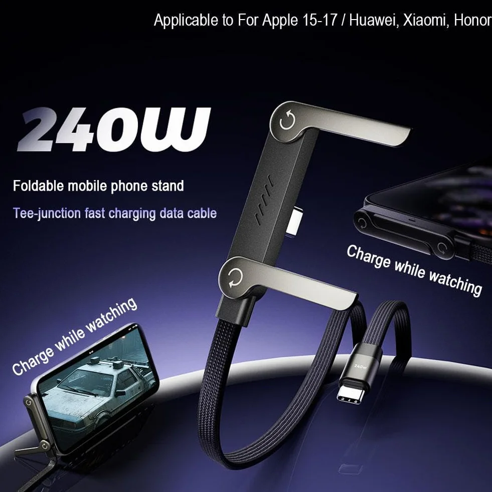 Kabel do ładowania z niewidocznym uchwytem, 65 W, super szybkie ładowanie, kabel do szybkiego ładowania 2 w 1 i wielokątny stojak na telefon do gier, biura, podróży samochodem, kabel do ładowania typu