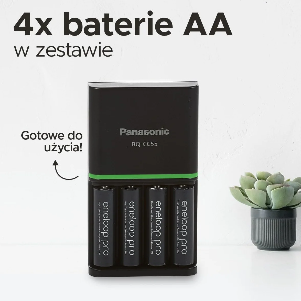 Ładowarka Panasonic eneloop SmartPlus do 1–4 akumulatorów AA/AAA Ni-MH z 4 wskaźnikami LED i 10 funkcjami bezpieczeństwa, w zestawie z 4 akumulatorami eneloop AA/Mignon, min. 2500 mAh, czarna