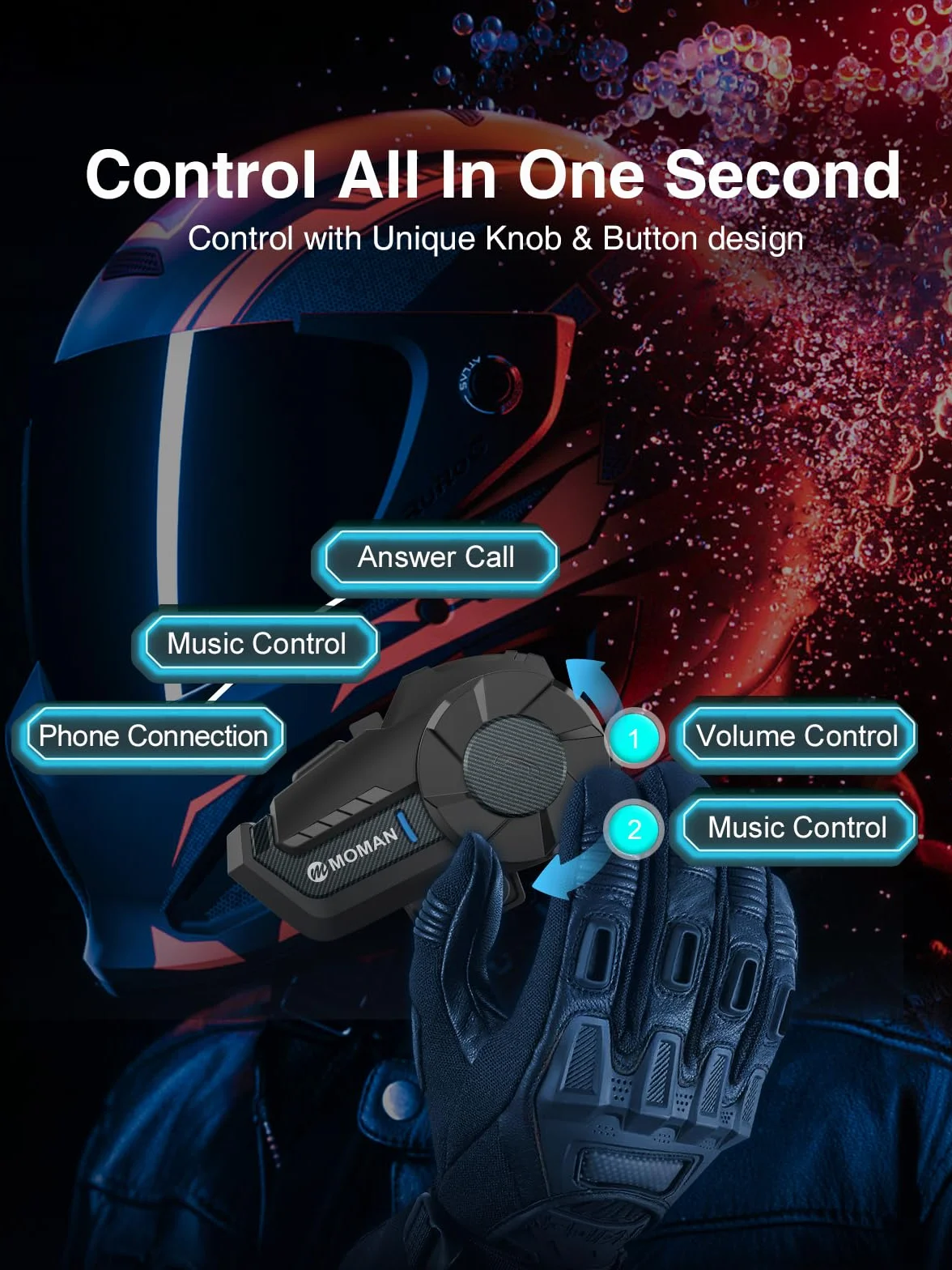 Moman H2 motocyklowy interkomowy zestaw słuchawkowy (2 sztuki, włókno węglowe), kask motocyklowy, interkomowy system komunikacji Bluetooth do 1000 m, z redukcją szumów DSP i CVC