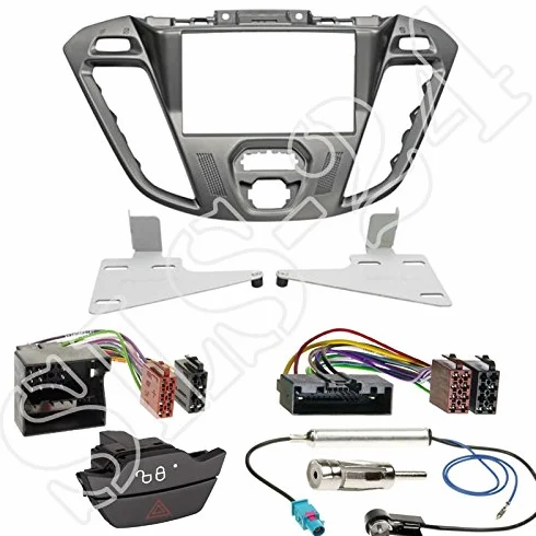 Radio samochodowe podwójne DIN 2-DIN ramka radiowa phonix srebrna + adapter ISO + zamiennik kierunkowskazu ostrzegawczego + adapter antenowy Fakra do Ford Transit Custom (FCC) od 11/2012 / Ford Tourneo Custom (FAC) od 11/2012